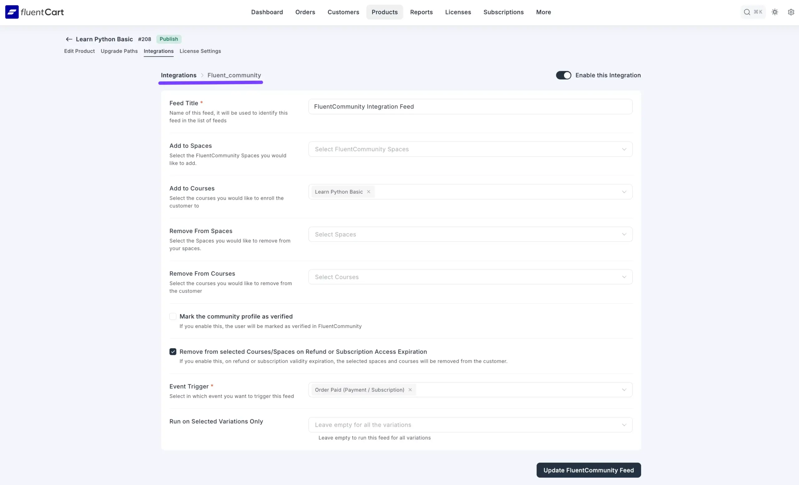 Editing the auto-created FluentCommunity integration in FluentCart