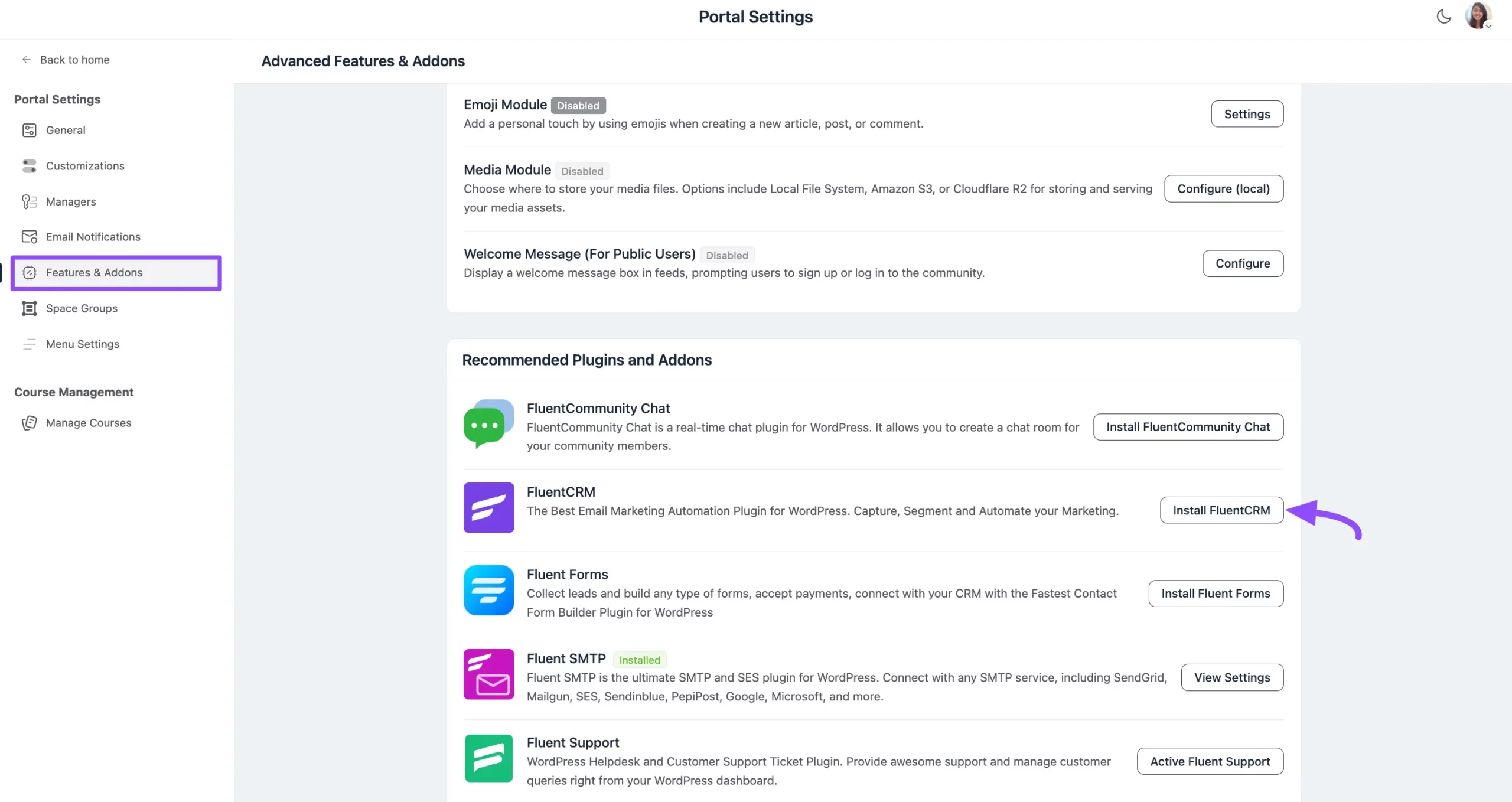 Enable FluentCRM in FluentCommunity settings