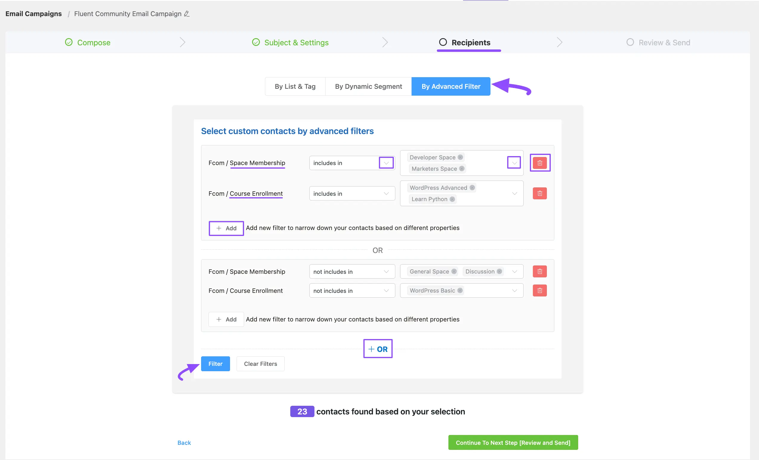 Selecting recipients by Advanced Filter