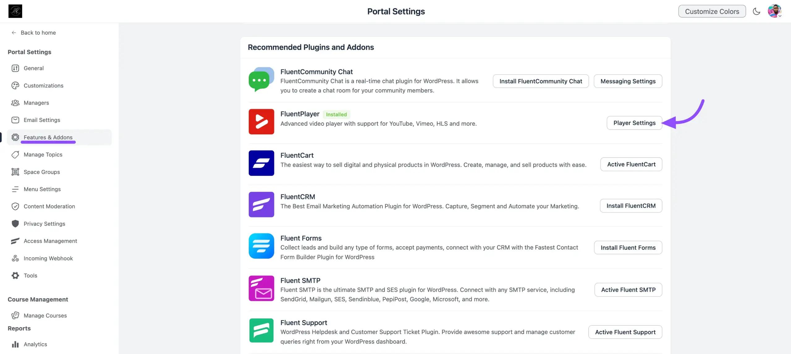 The FluentPlayer settings panel with the Enable FluentPlayer toggle