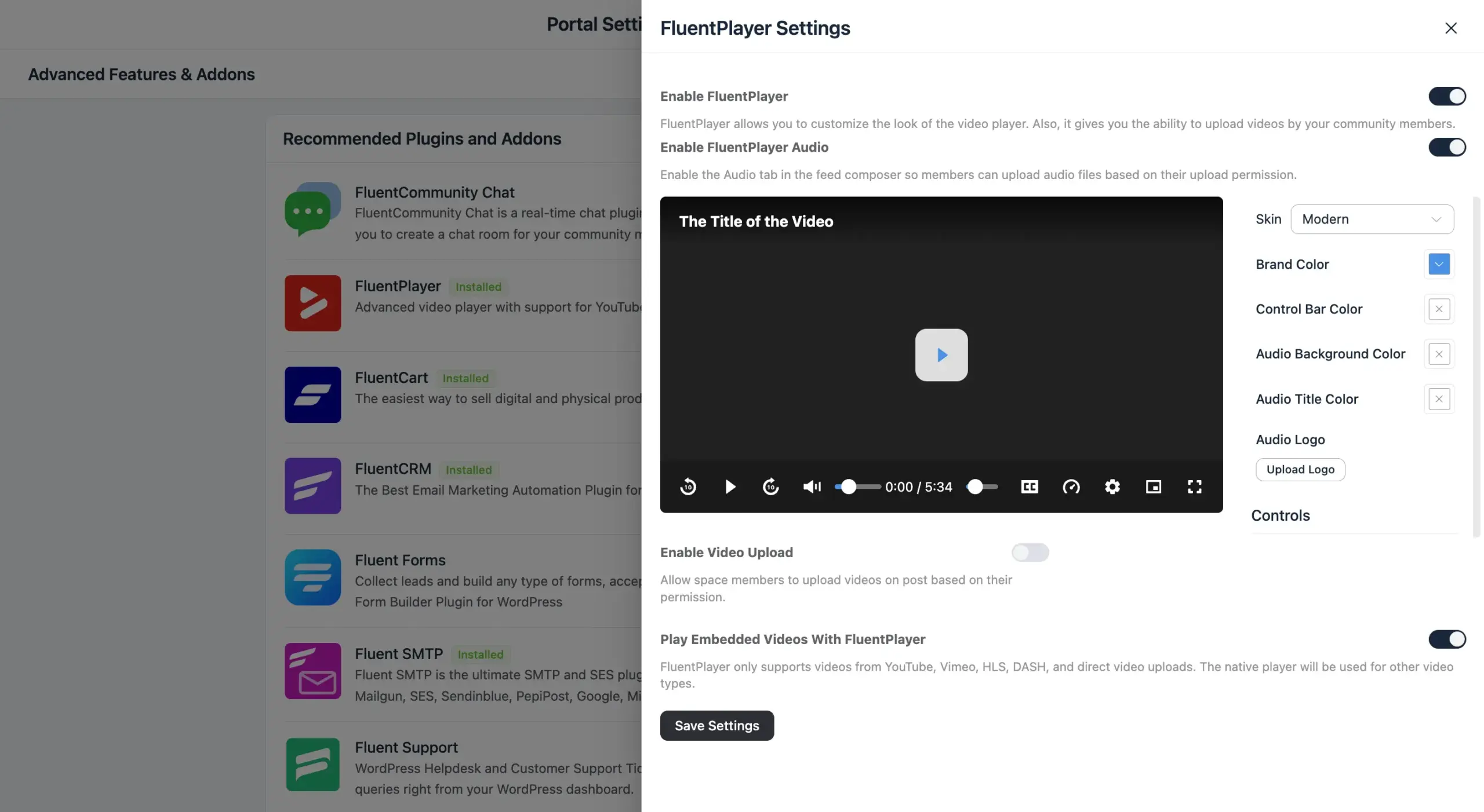FluentPlayer appearance settings showing player skin, brand and control bar colors, and the audio background, title, and logo options