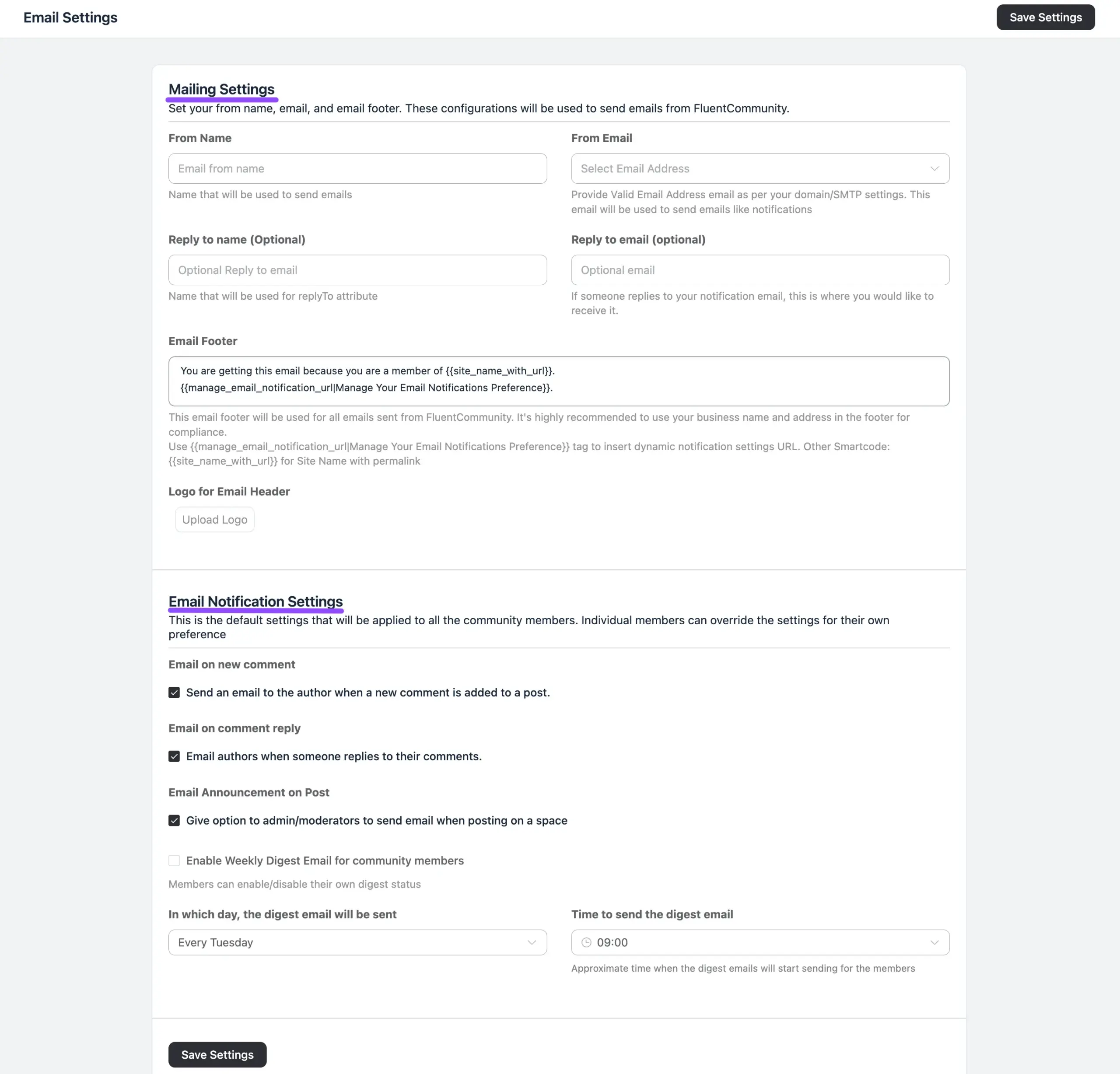 The Email Notification Settings with per-notification toggles and weekly digest options