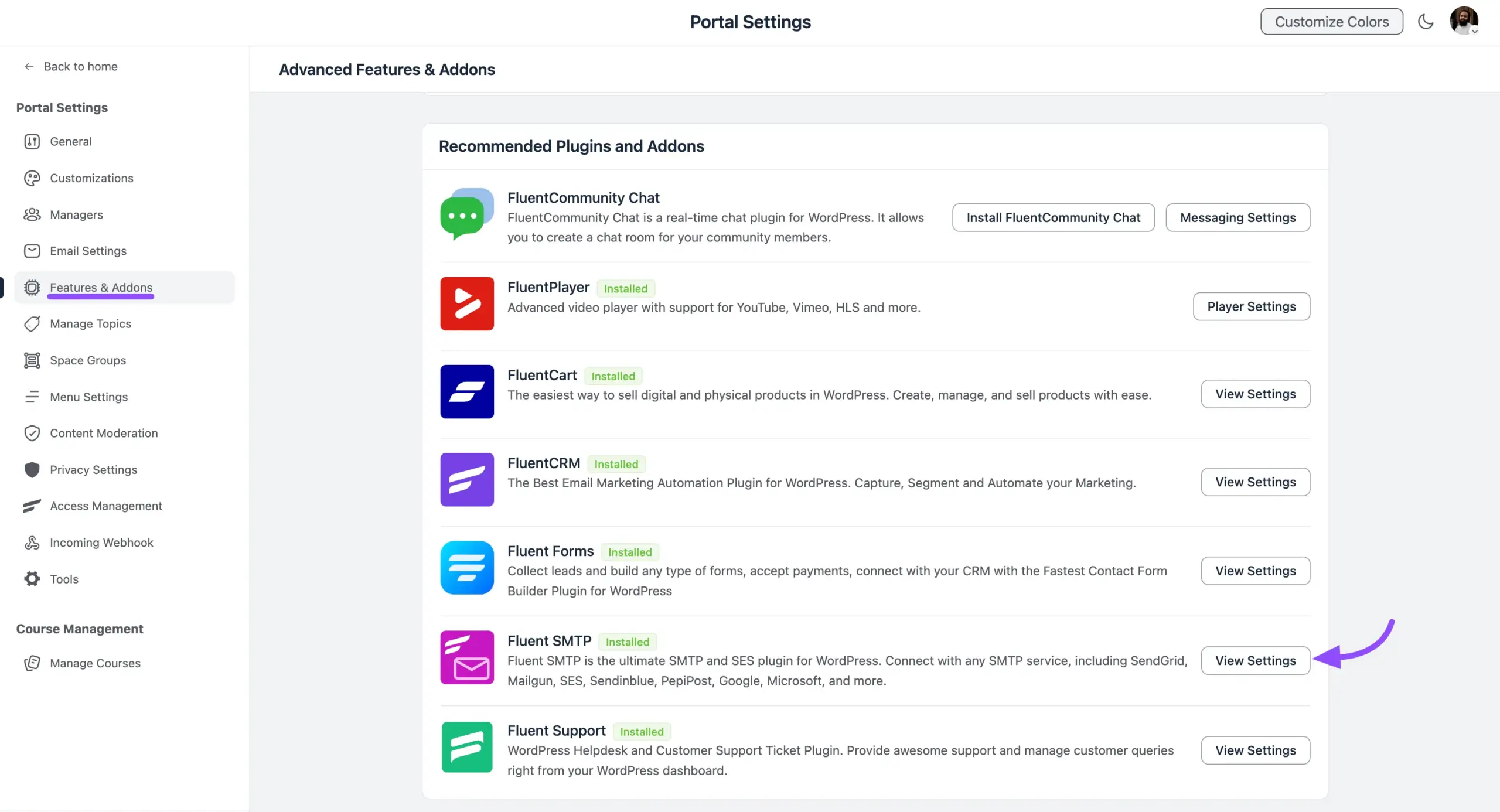 The FluentCommunity settings screen where the sending identity is configured