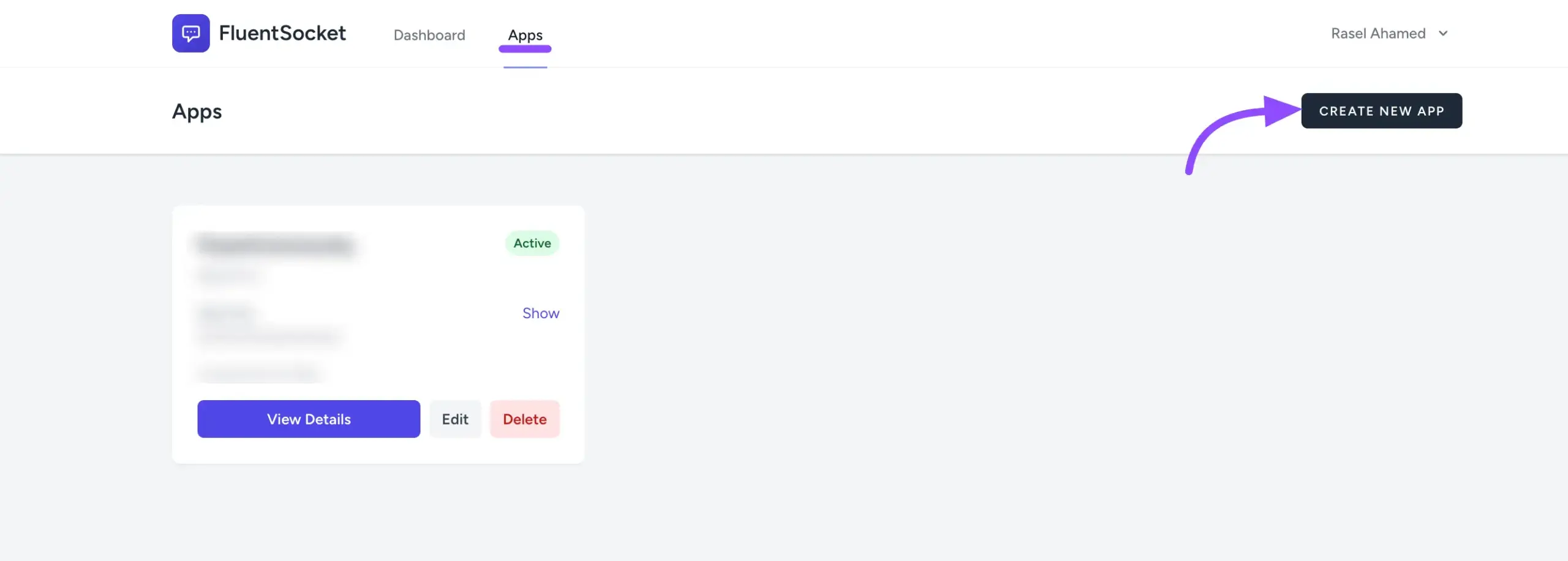 The Apps section of the FluentSocket dashboard