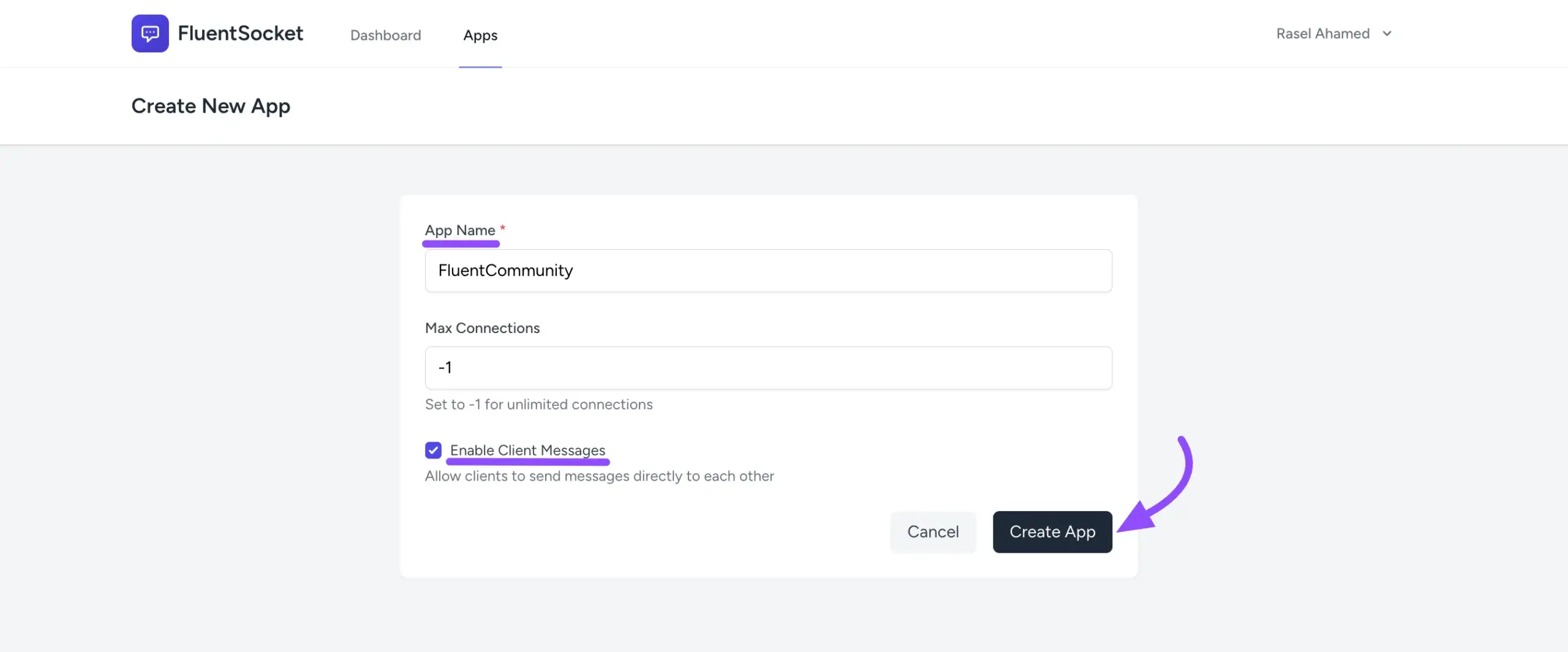 The FluentSocket app configuration window