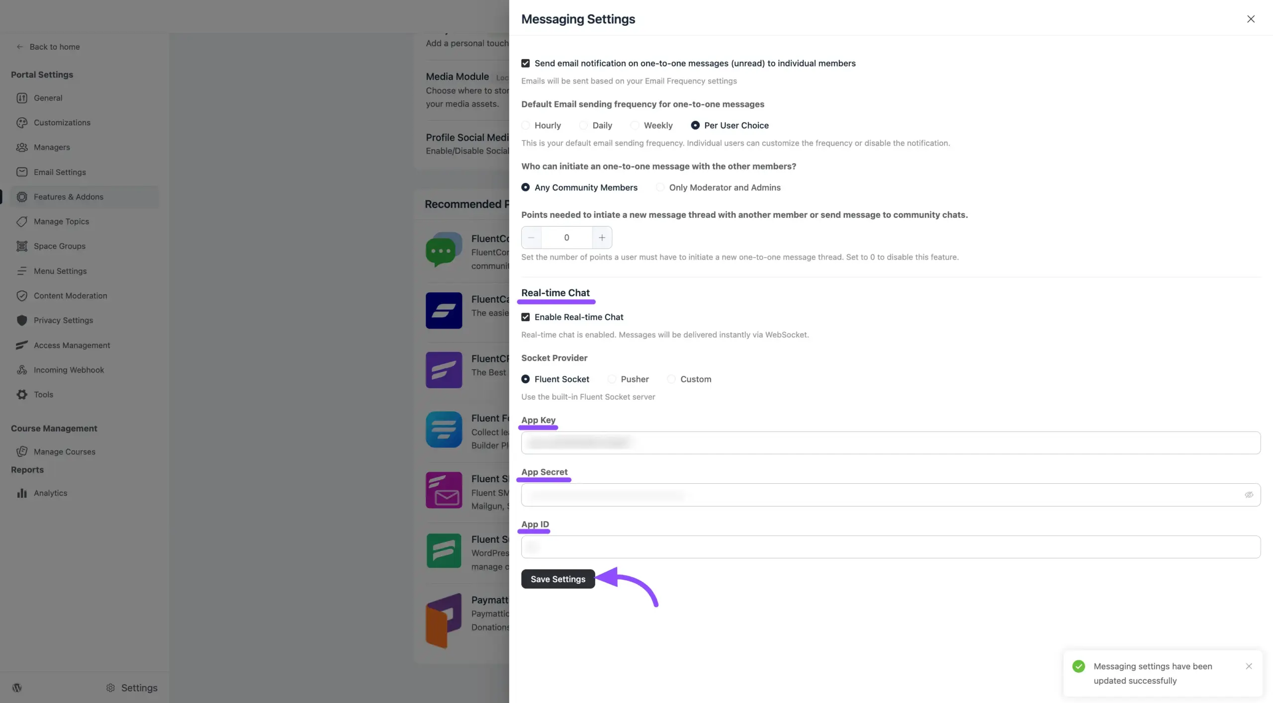 The FluentCommunity messaging settings with FluentSocket selected as the driver