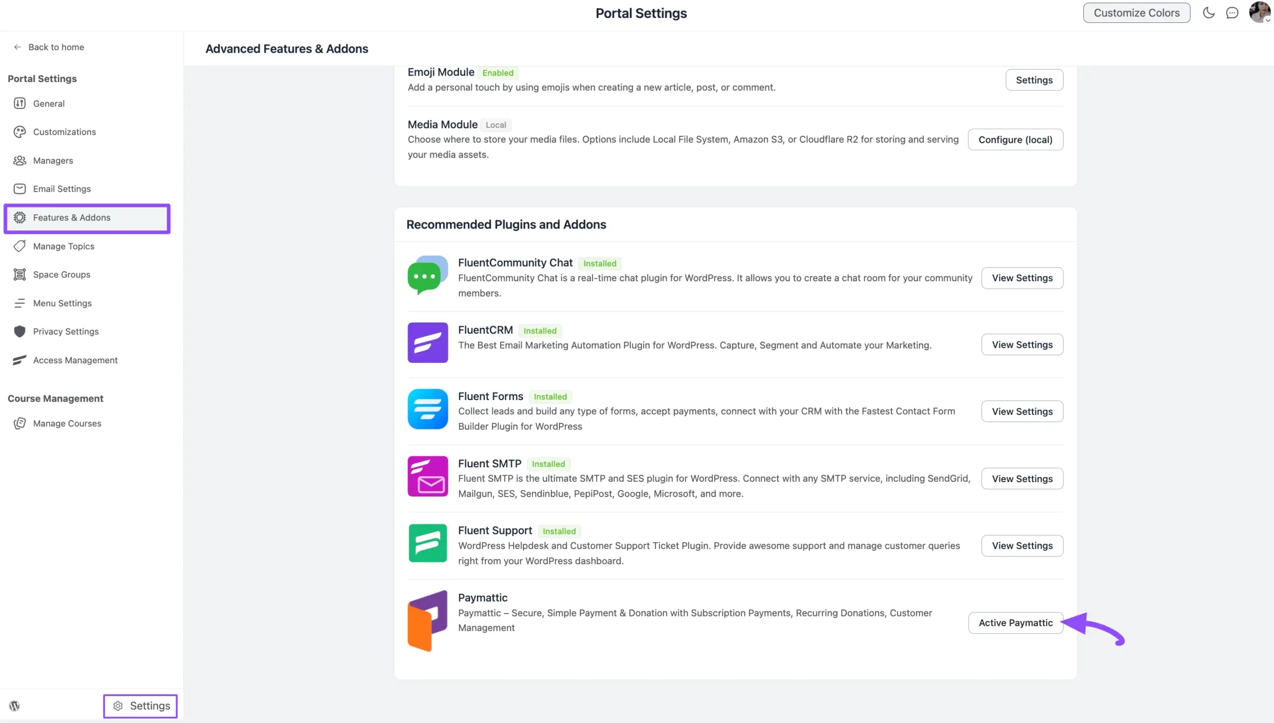 Activate Paymattic from the Recommended Plugins and Addons section