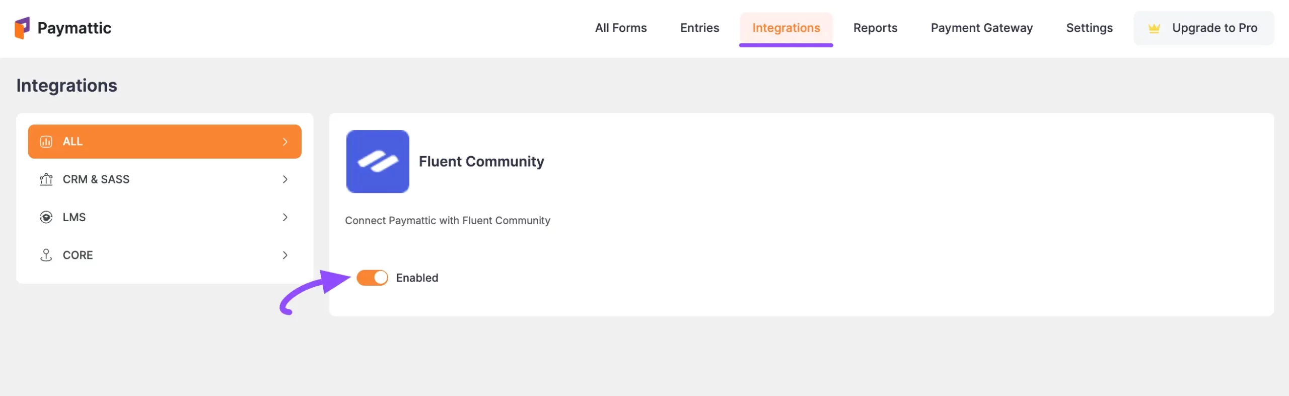 Enabling the FluentCommunity module in Paymattic integrations