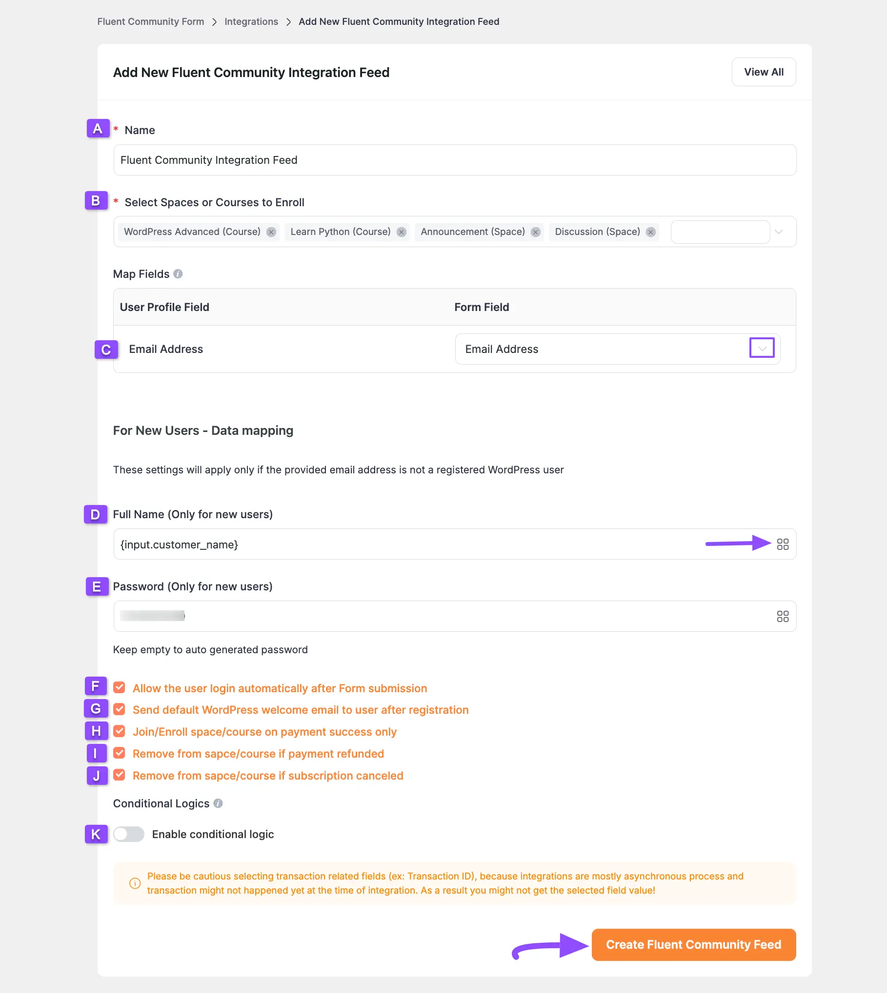 All options of the FluentCommunity Integration Feed