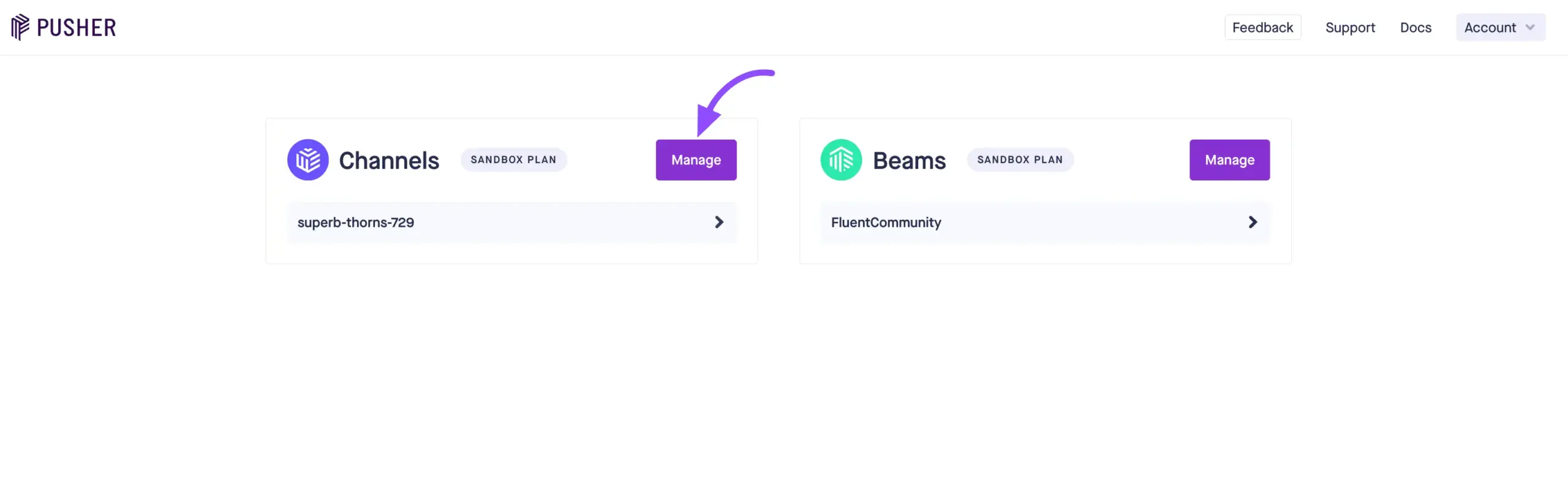 The Pusher dashboard with the Channels product
