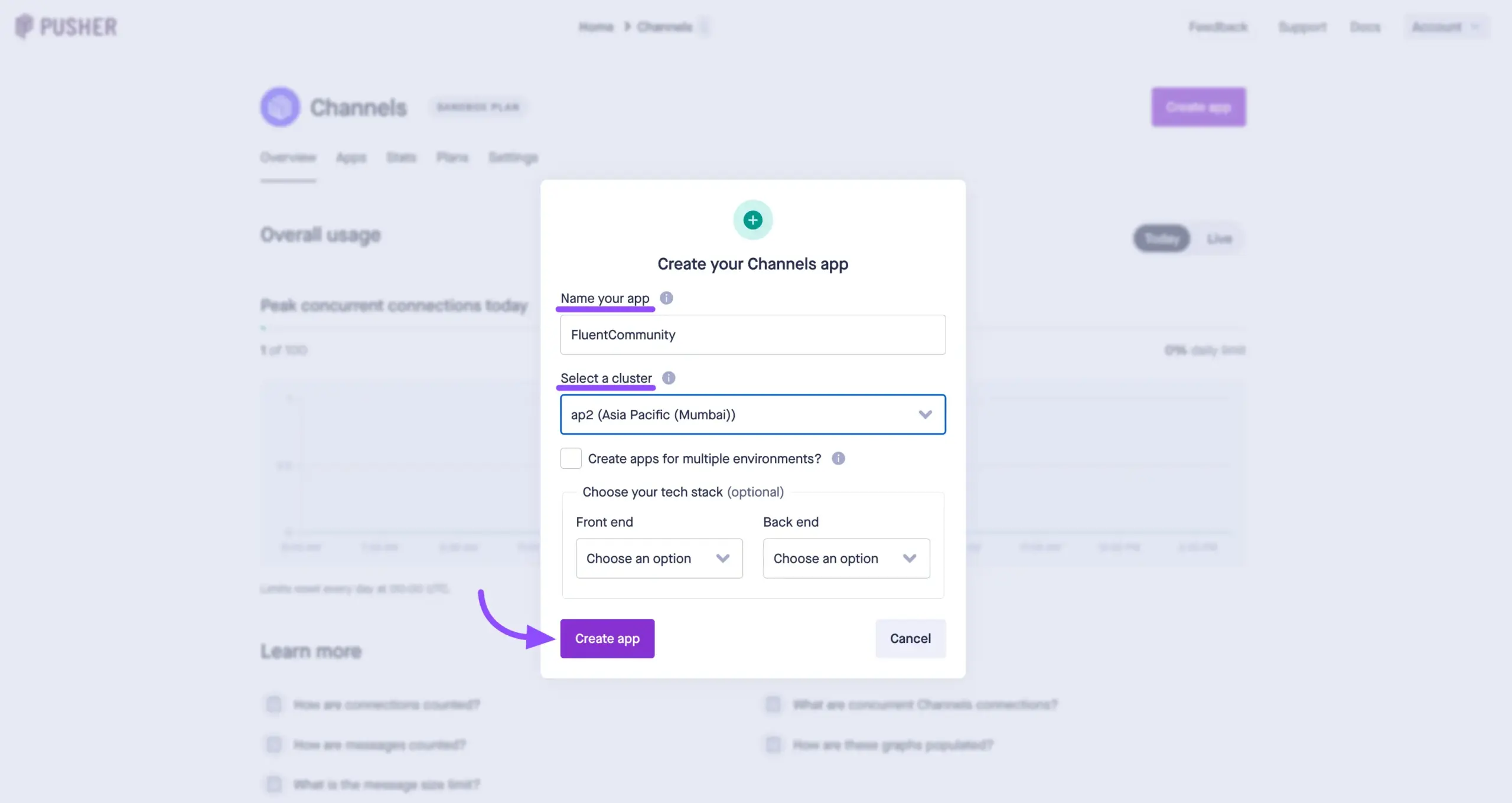 The Pusher create app configuration screen
