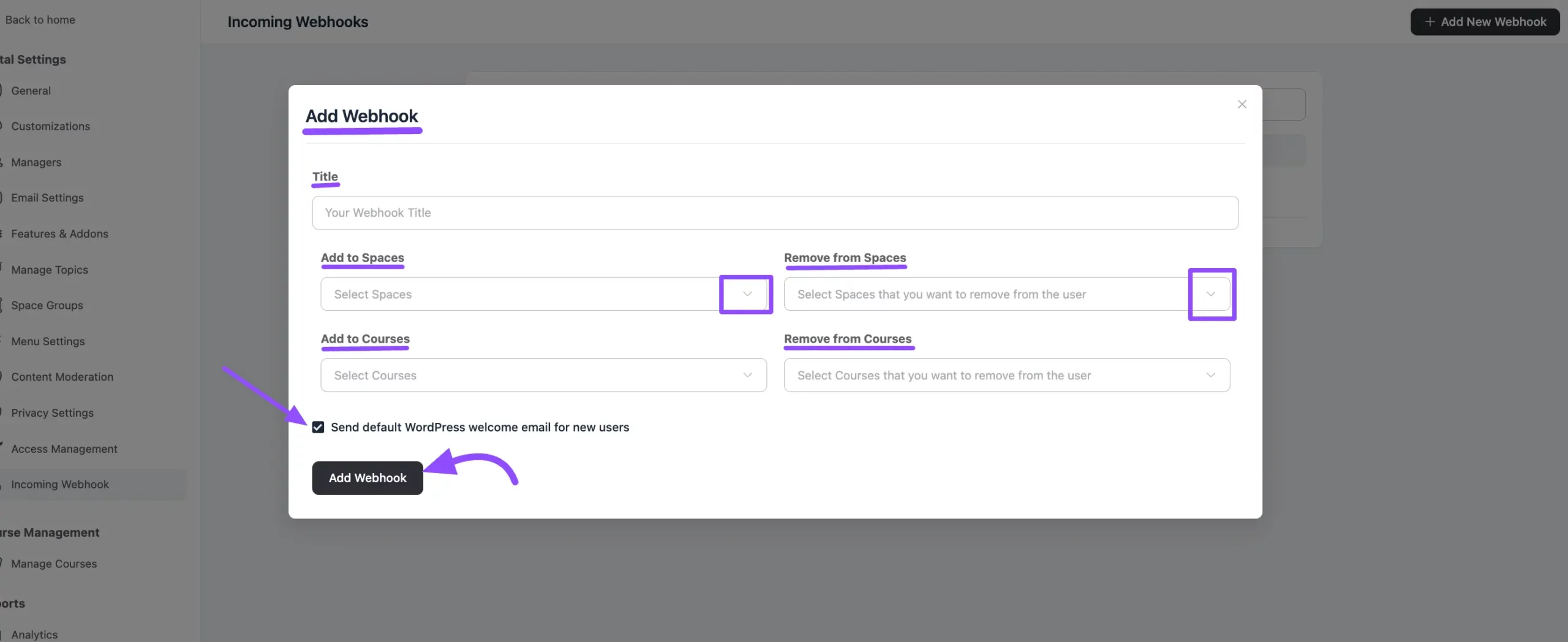 Add New Webhook pop-up with configuration fields