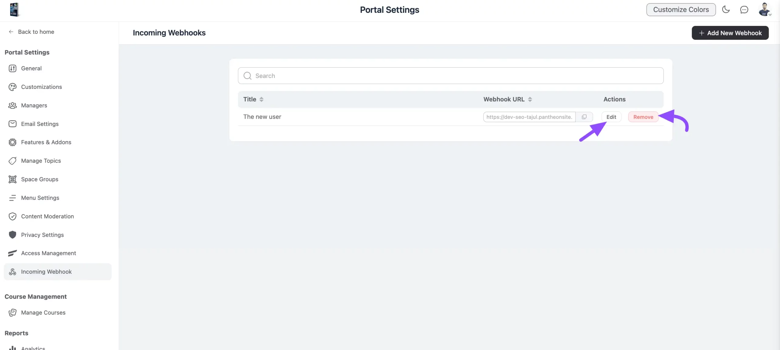 Editing and managing an existing webhook