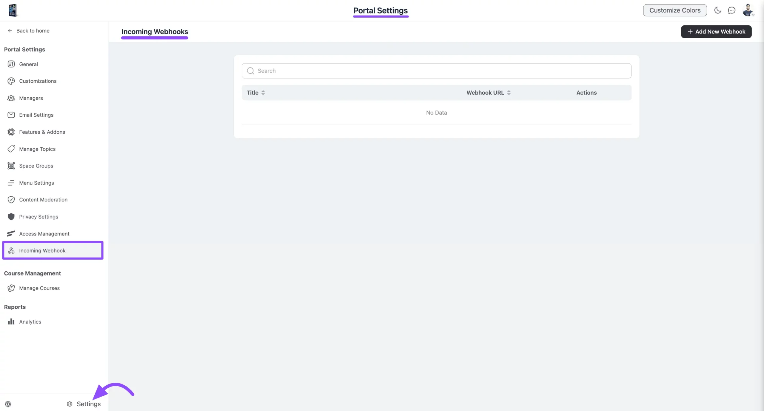 Incoming Webhook settings under Portal Settings