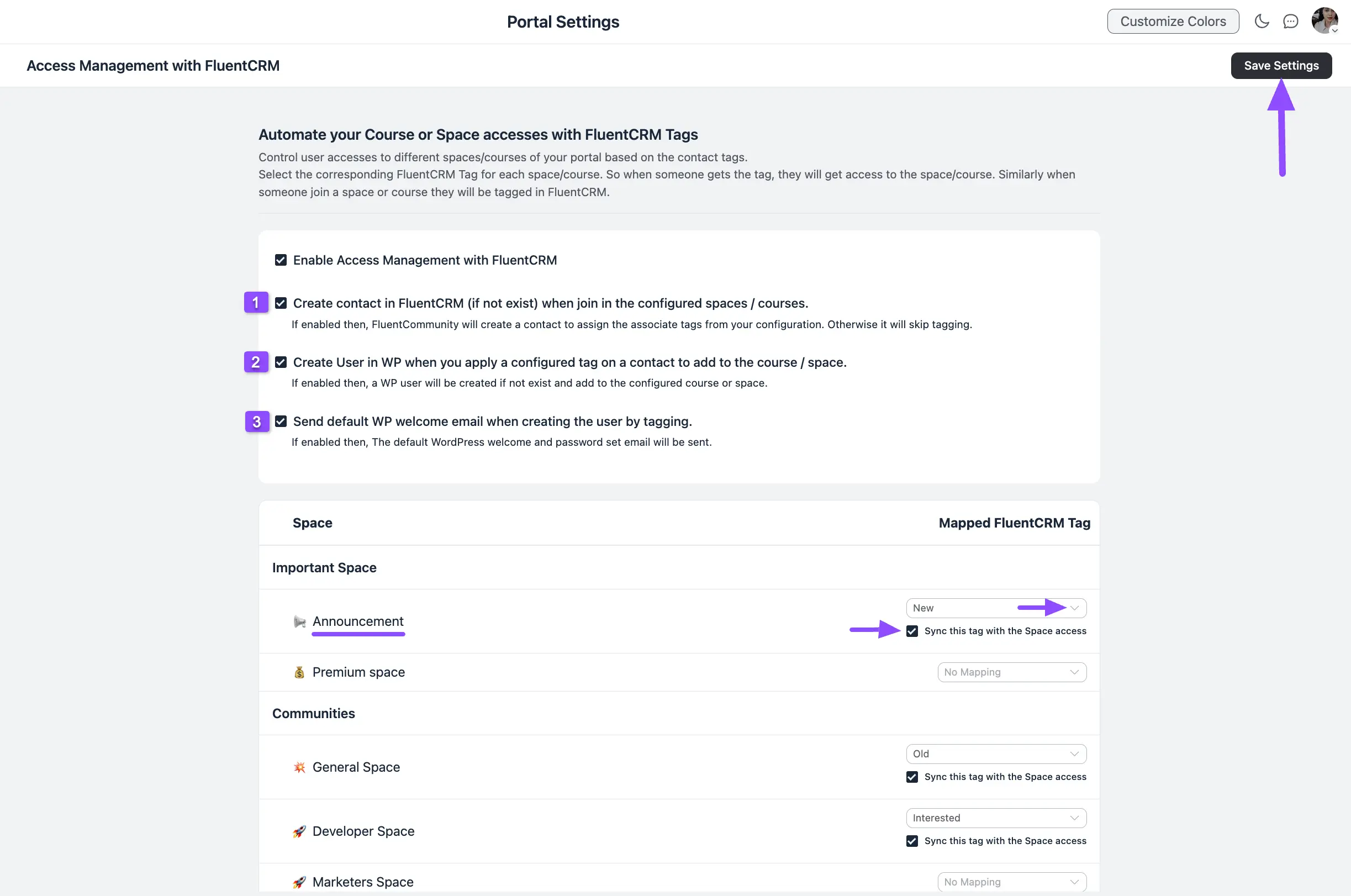 The Save Settings button in Access Management