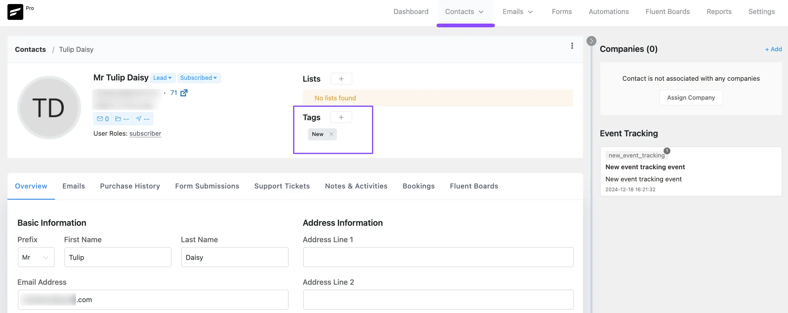 The New tag applied to a CRM contact