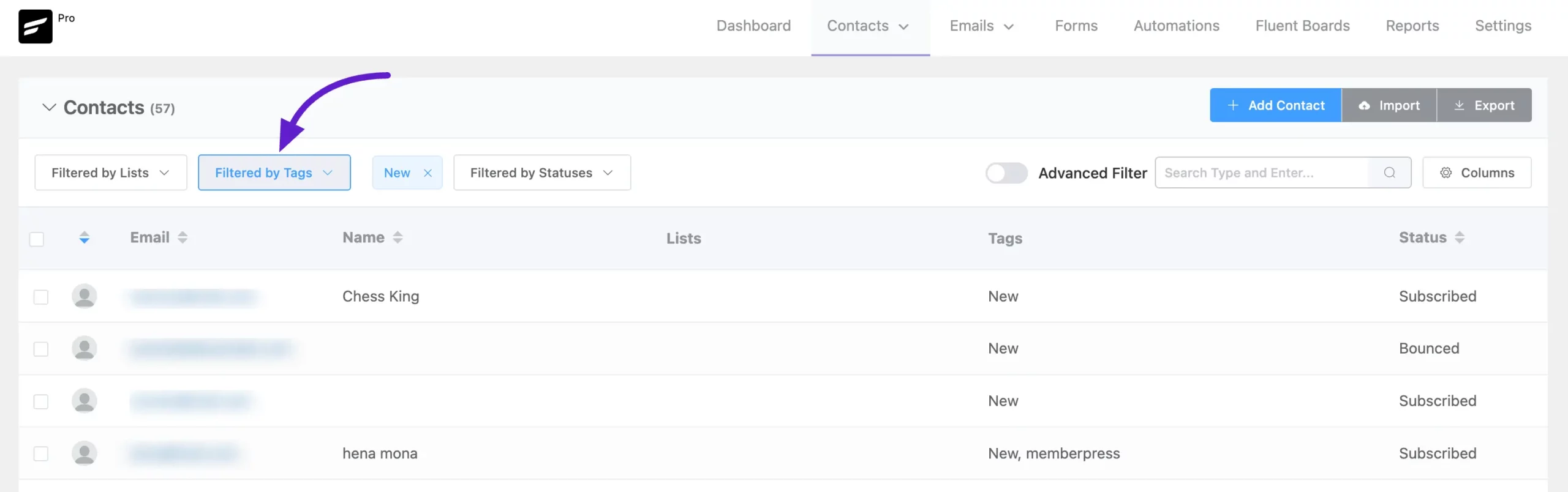Filtering FluentCRM contacts by the New tag
