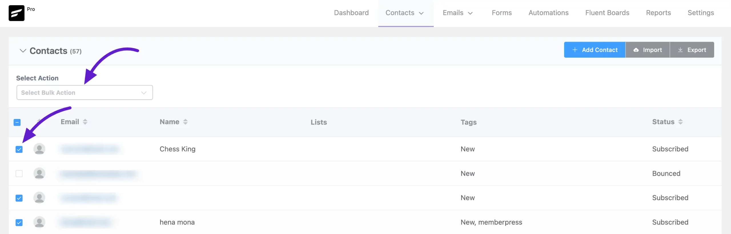 The Select Action bulk-action dropdown for filtered contacts