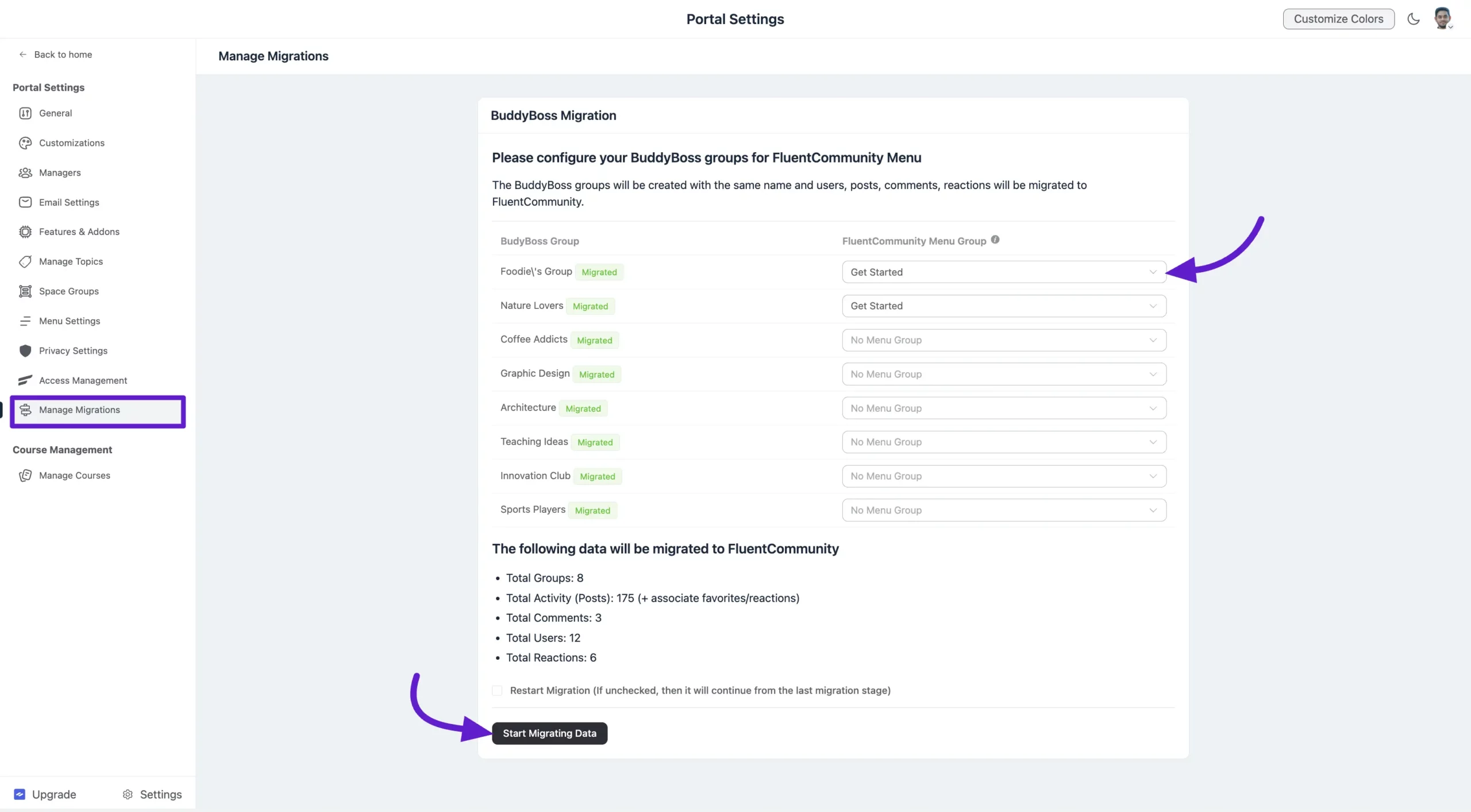 FluentCommunity BuddyBoss Migration - Start migration