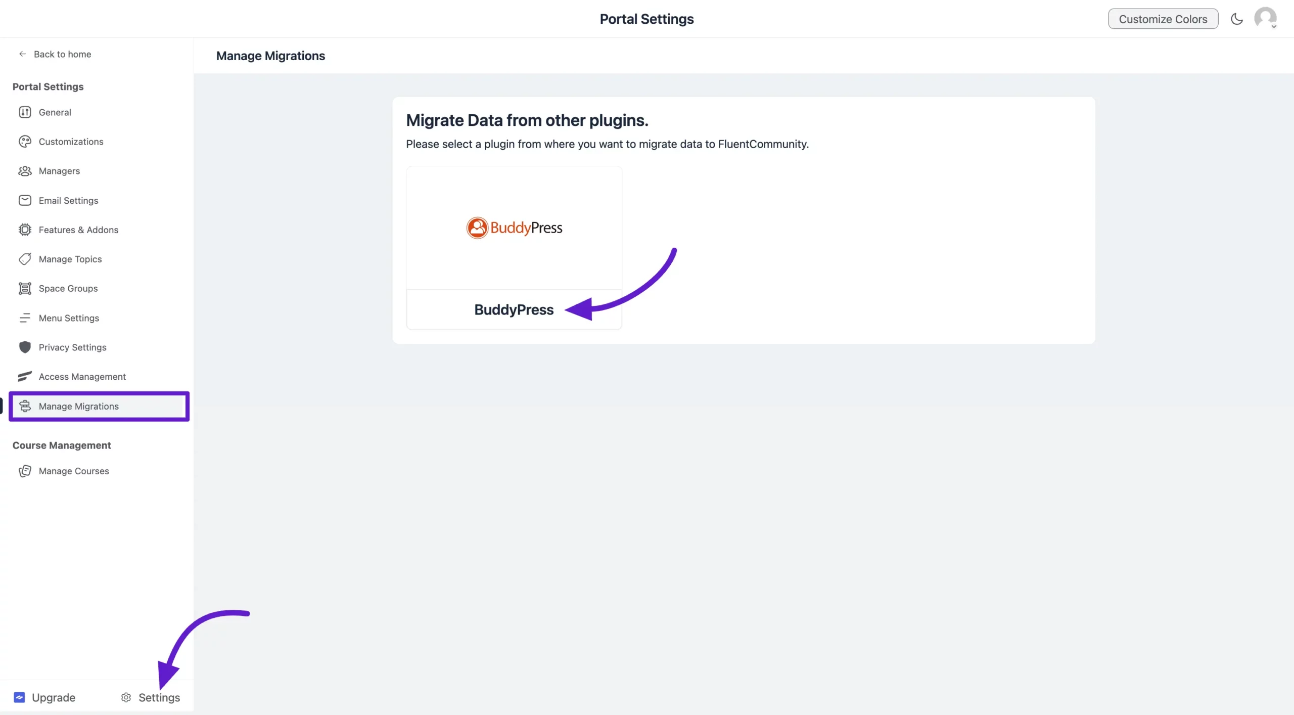 Manage Migration settings and BuddyPress Module