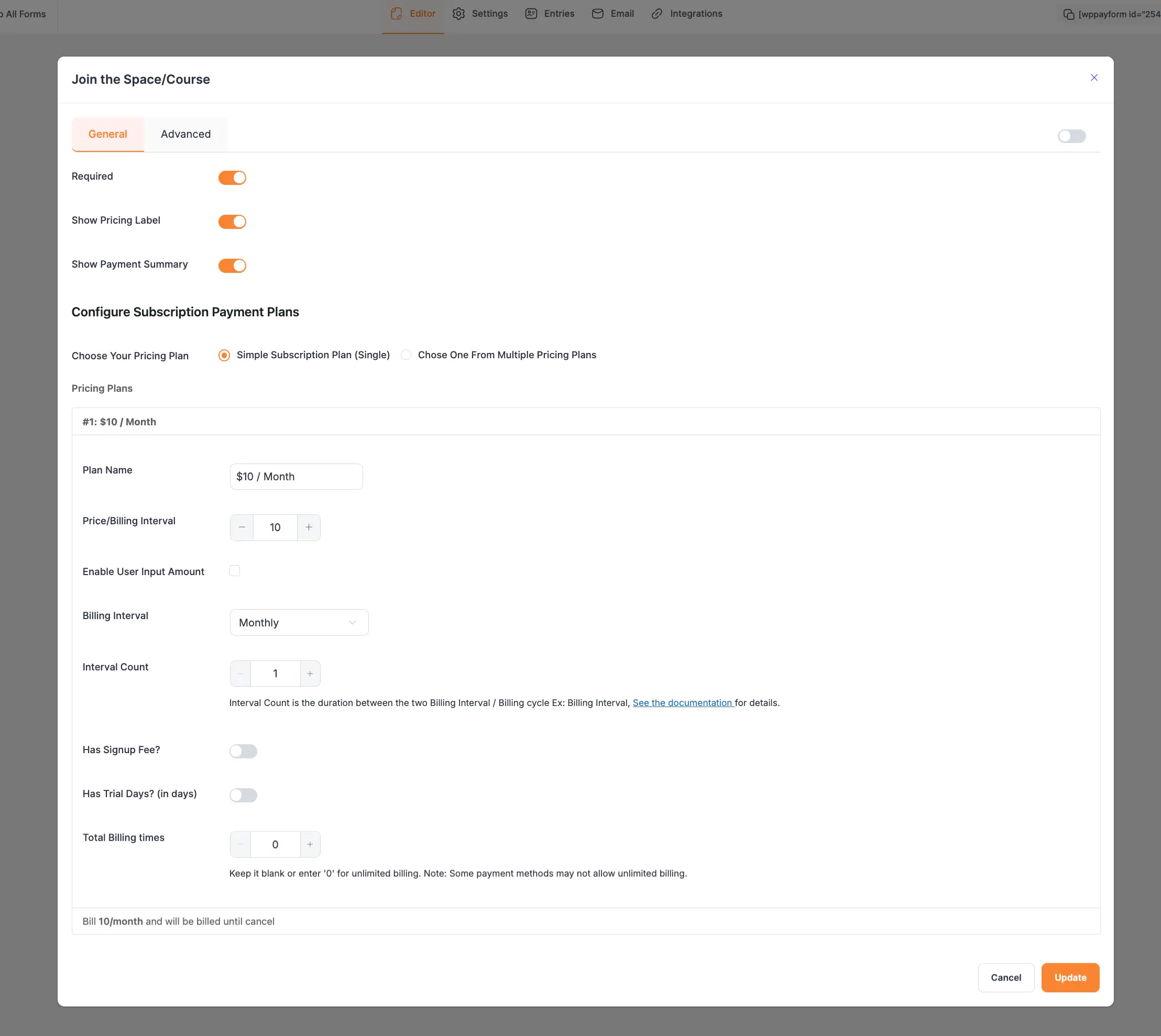 General settings for the Paymattic subscription field