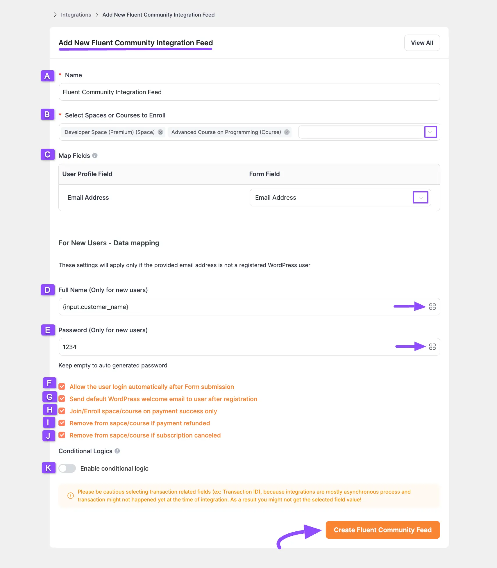 Creating a new FluentCommunity Integration Feed in Paymattic