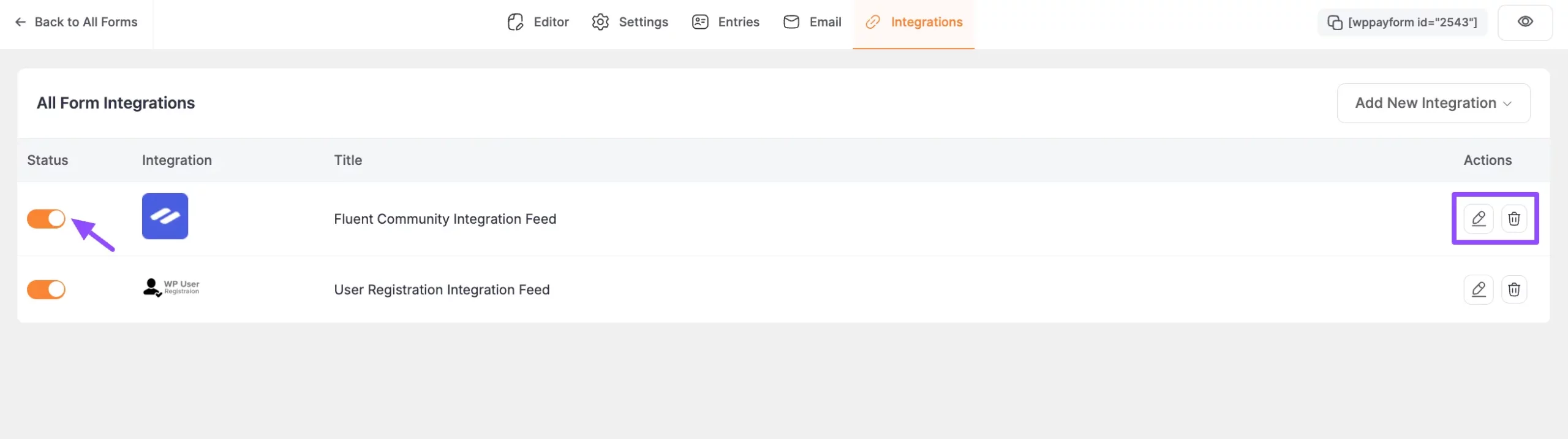 The added FluentCommunity Integration Feed in Paymattic