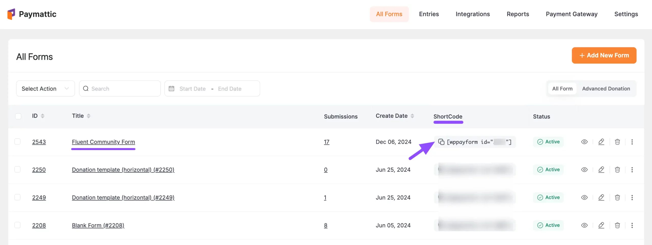 Copying the Paymattic form shortcode