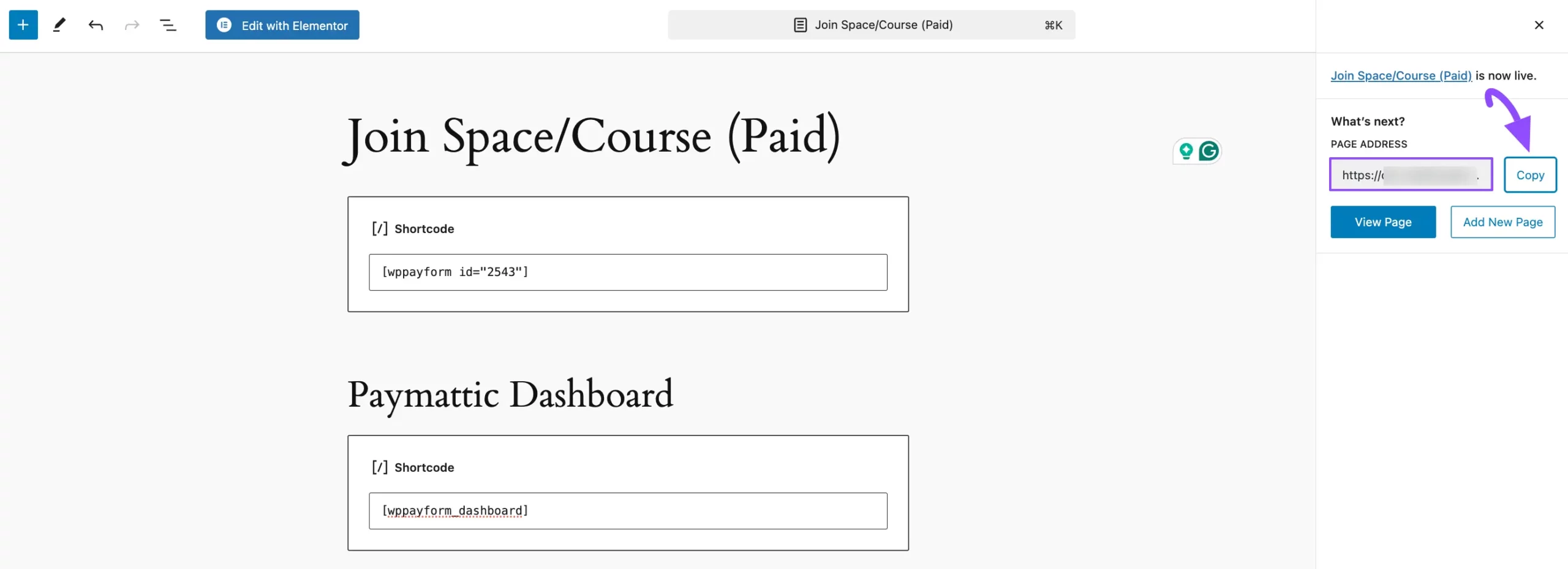 Copying the published Paymattic form URL