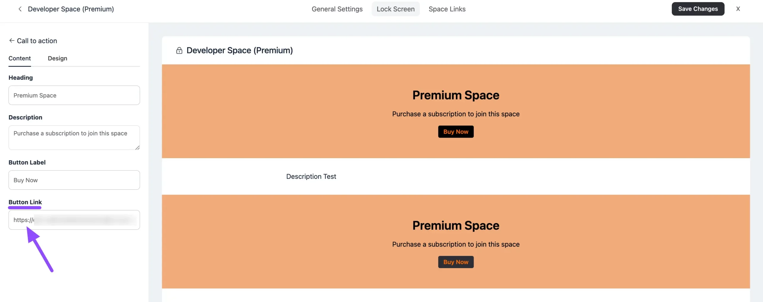 Pasting the form URL into the Space Lock Screen button link