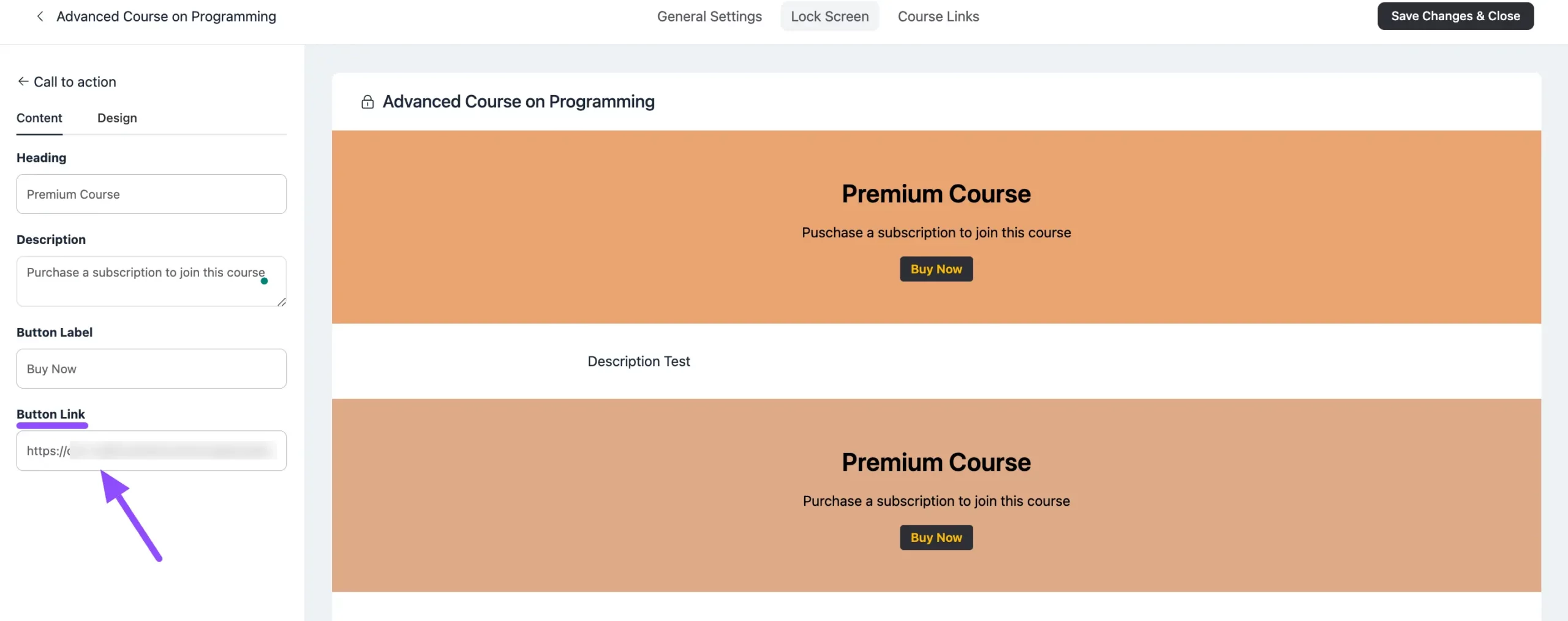 Pasting the form URL into the course Lock Screen button link