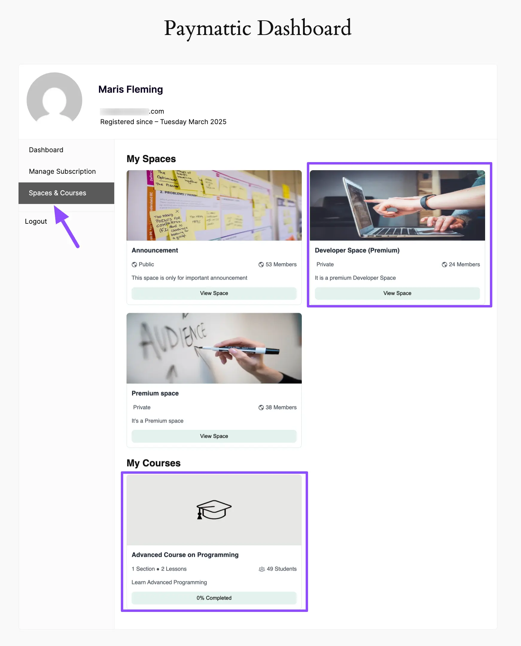 Paymattic User Dashboard showing the Spaces & Courses section