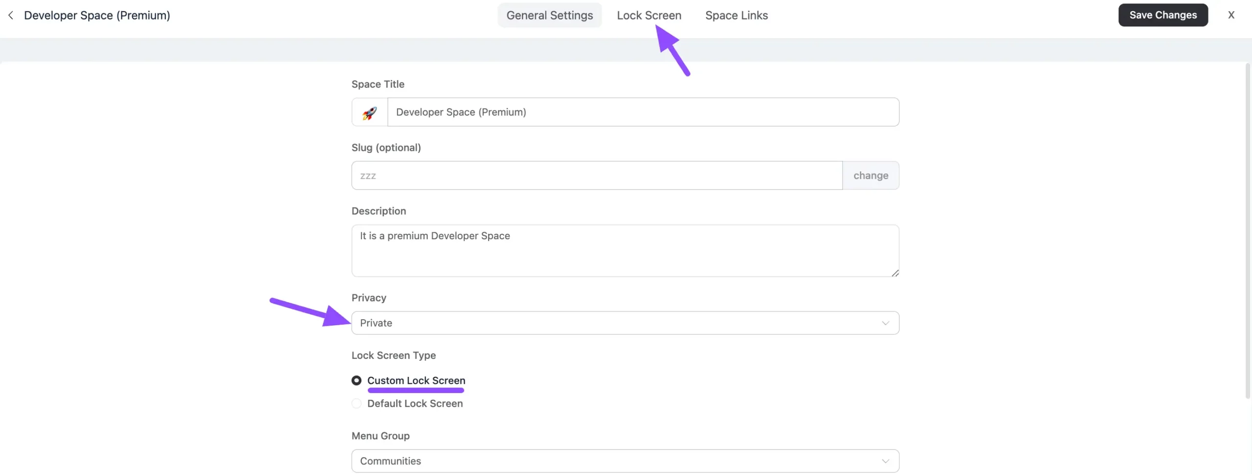Space privacy set to Private with Custom Lock Screen selected
