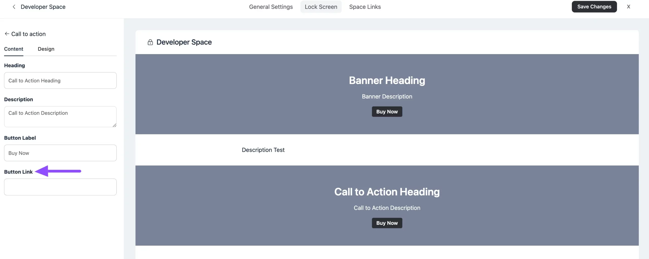 Pasting the Paymattic form URL into the Space Button Link field