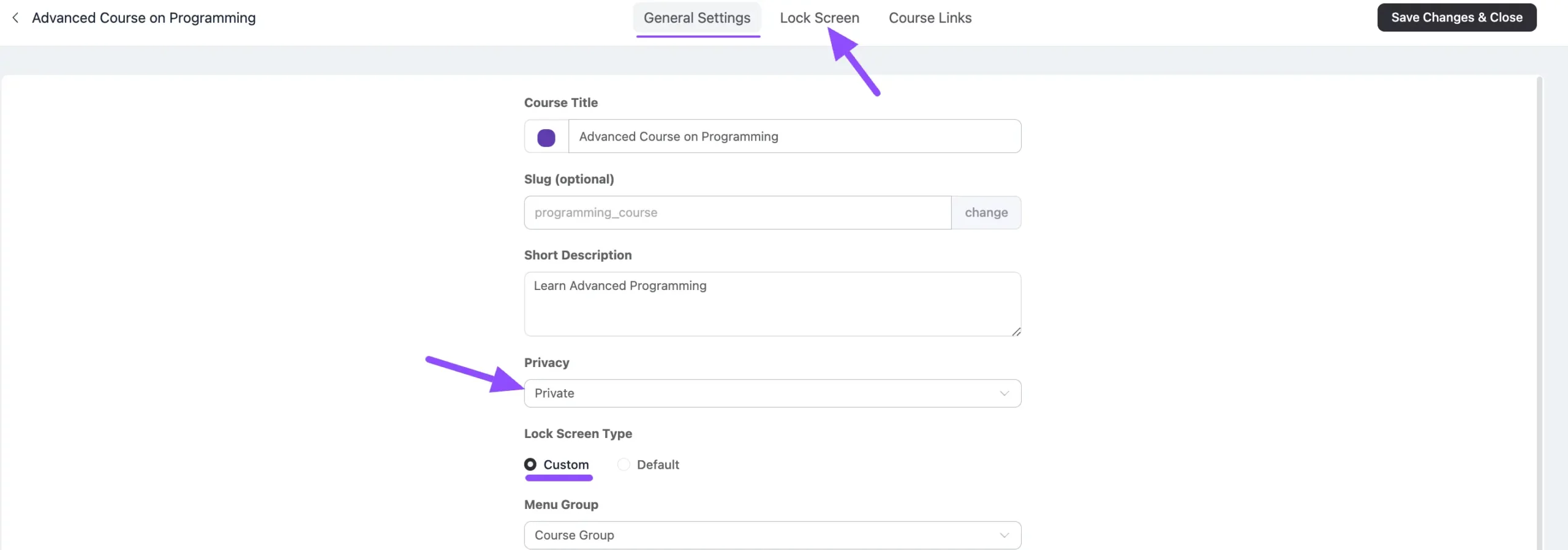 Course privacy set to Private with Custom Lock Screen selected