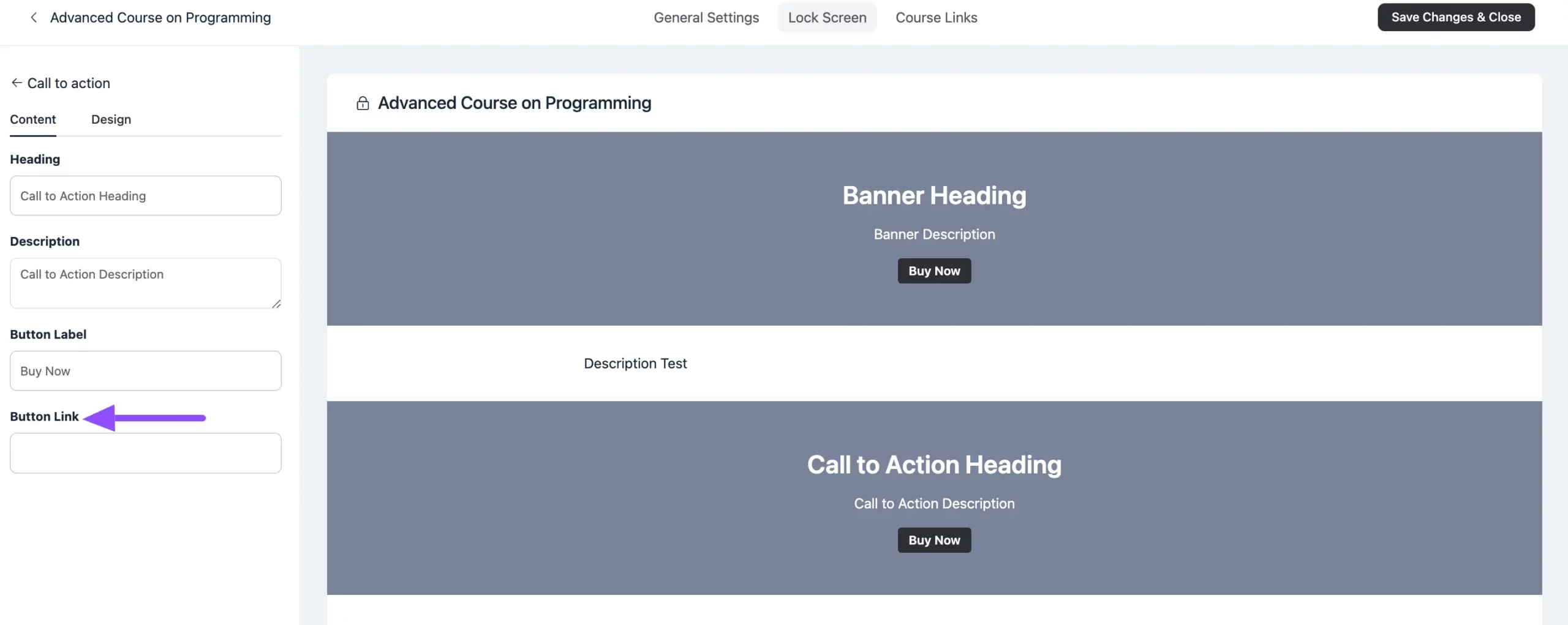 Pasting the Paymattic form URL into the course Button Link field