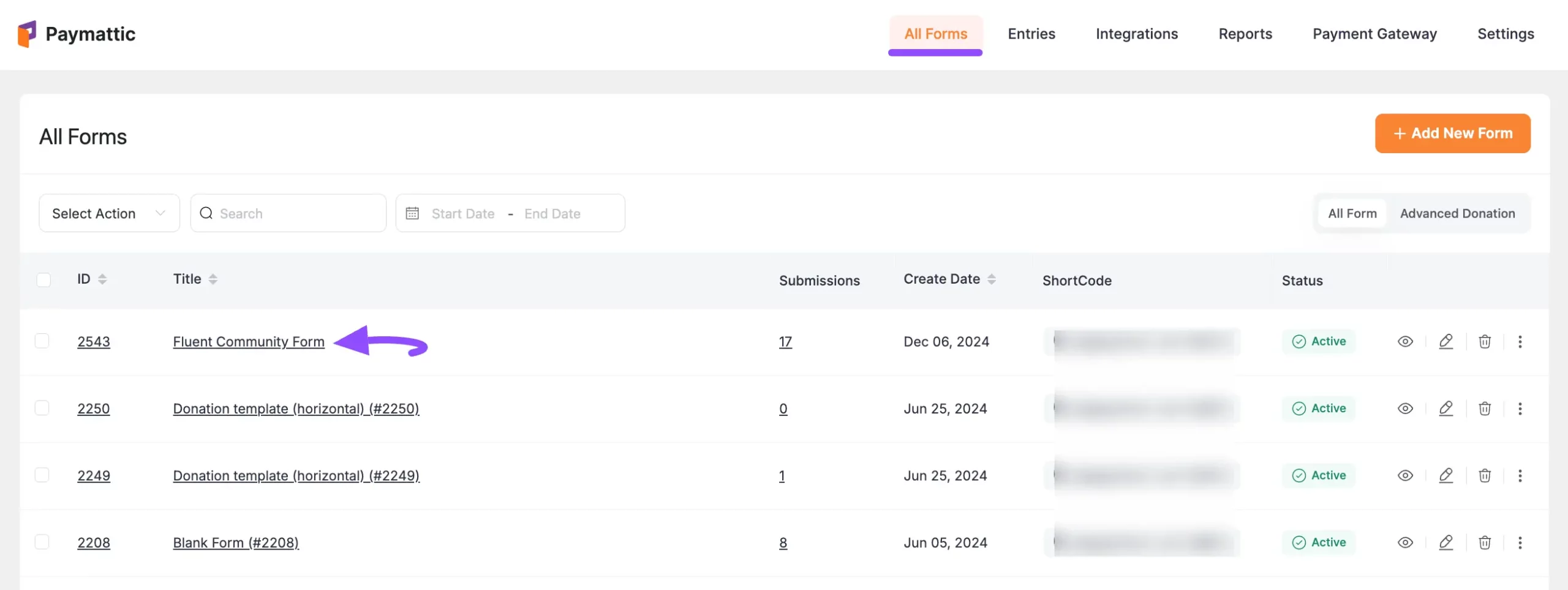 Opening the desired Paymattic form