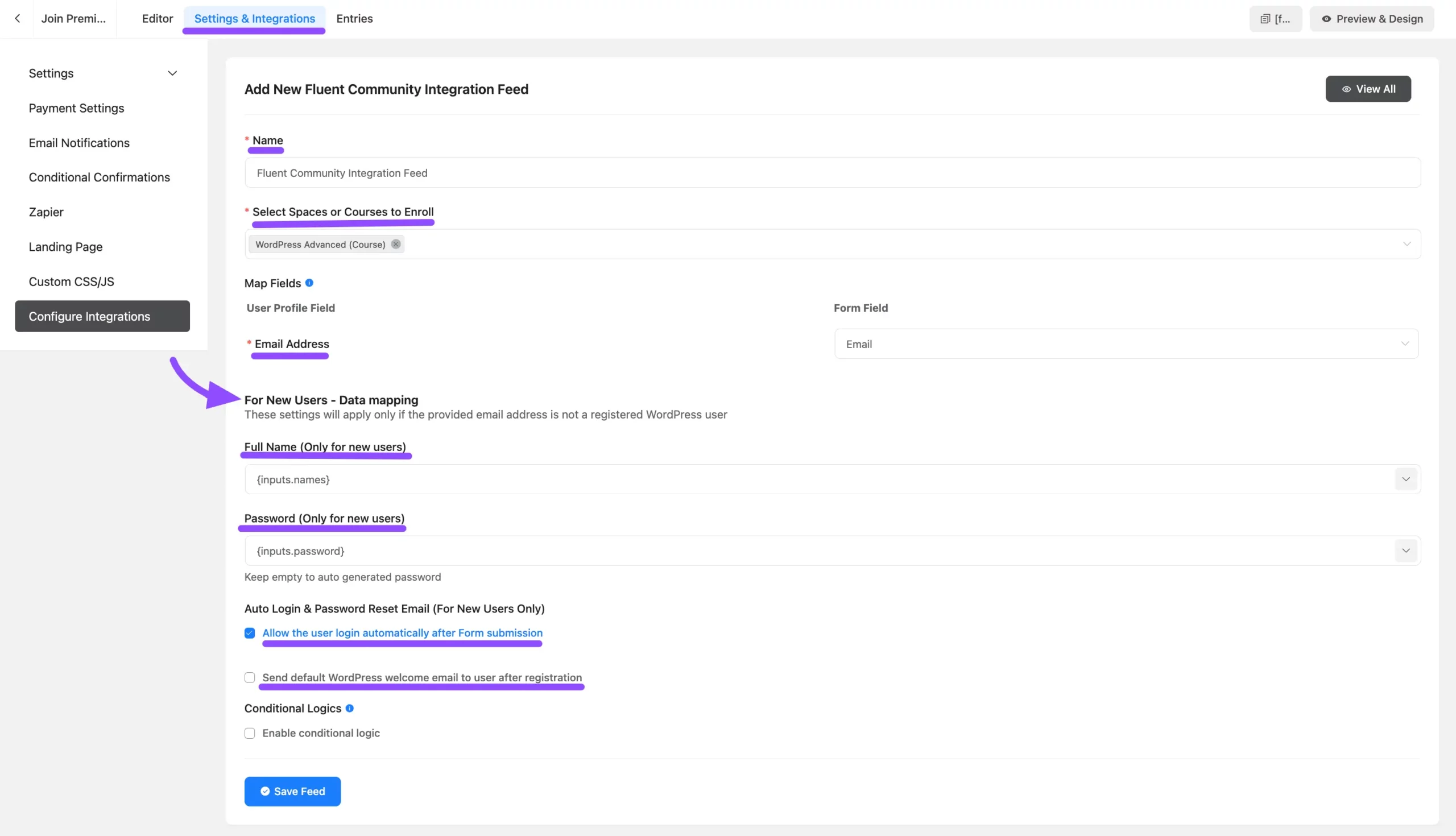 Configured FluentCommunity Integration Feed with mapped fields