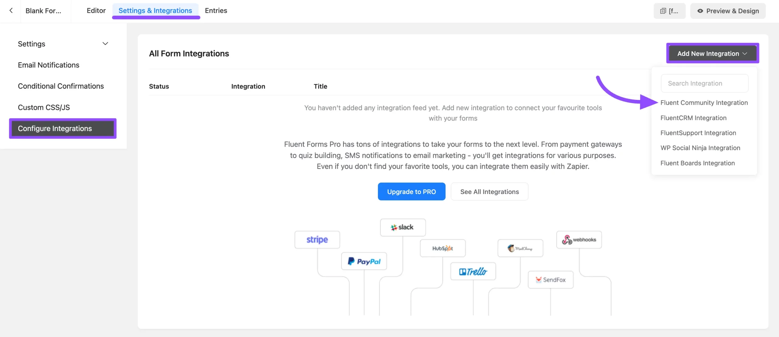 Adding a new FluentCommunity Integration Feed in Fluent Forms