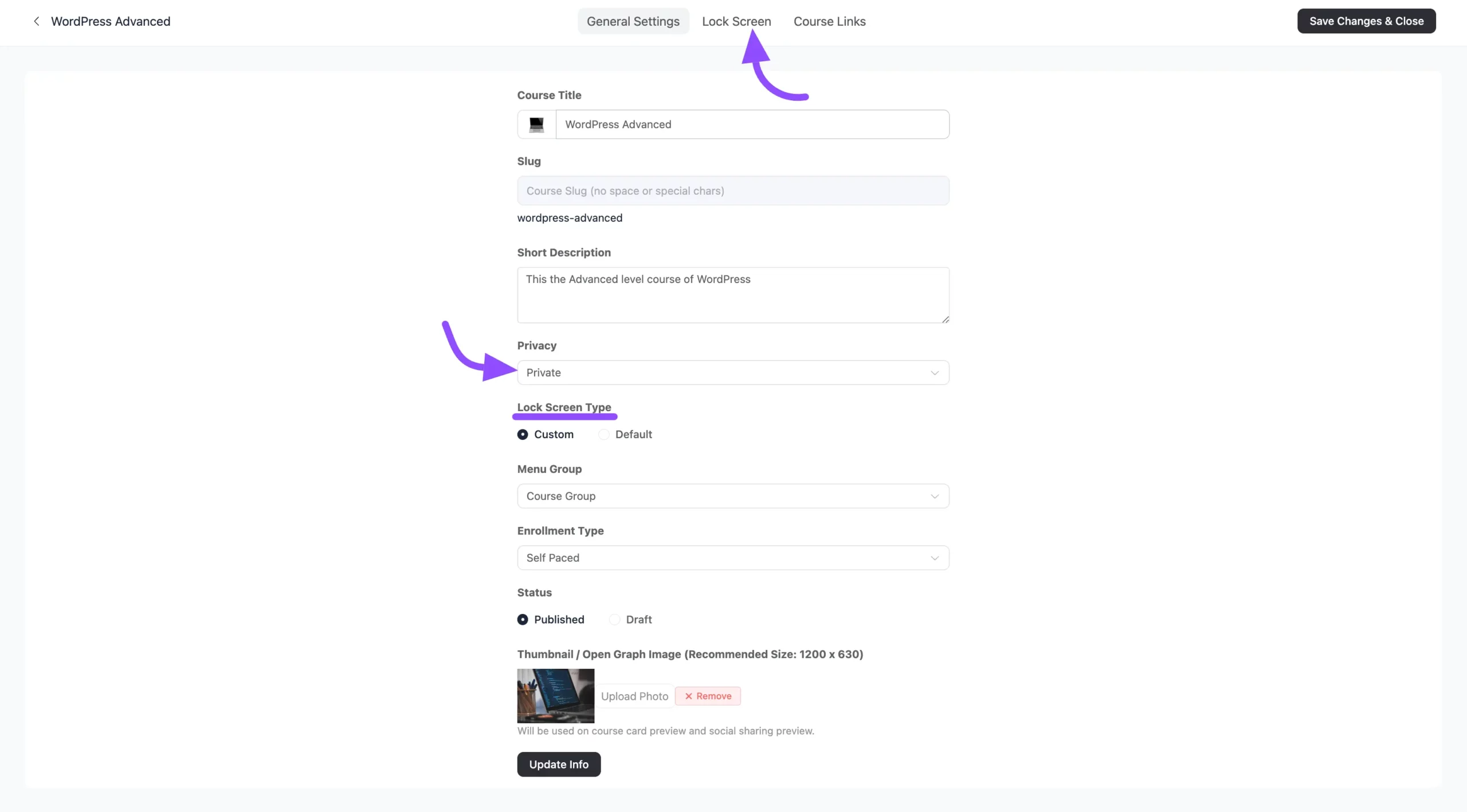 Course privacy set to Private with the Lock Screen option