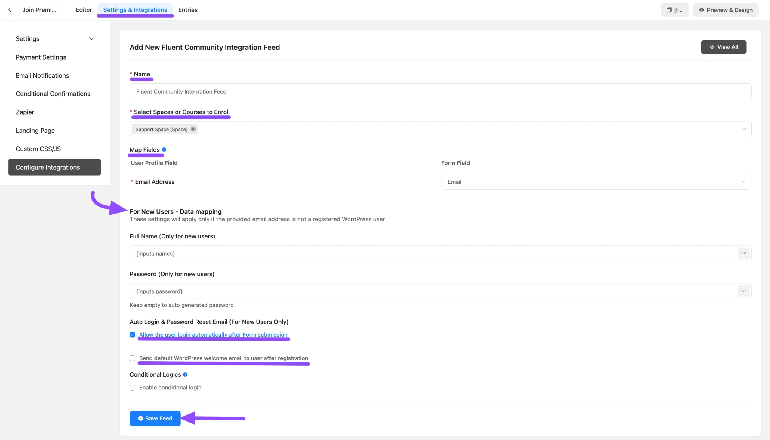 Configured FluentCommunity Integration Feed with mapped fields