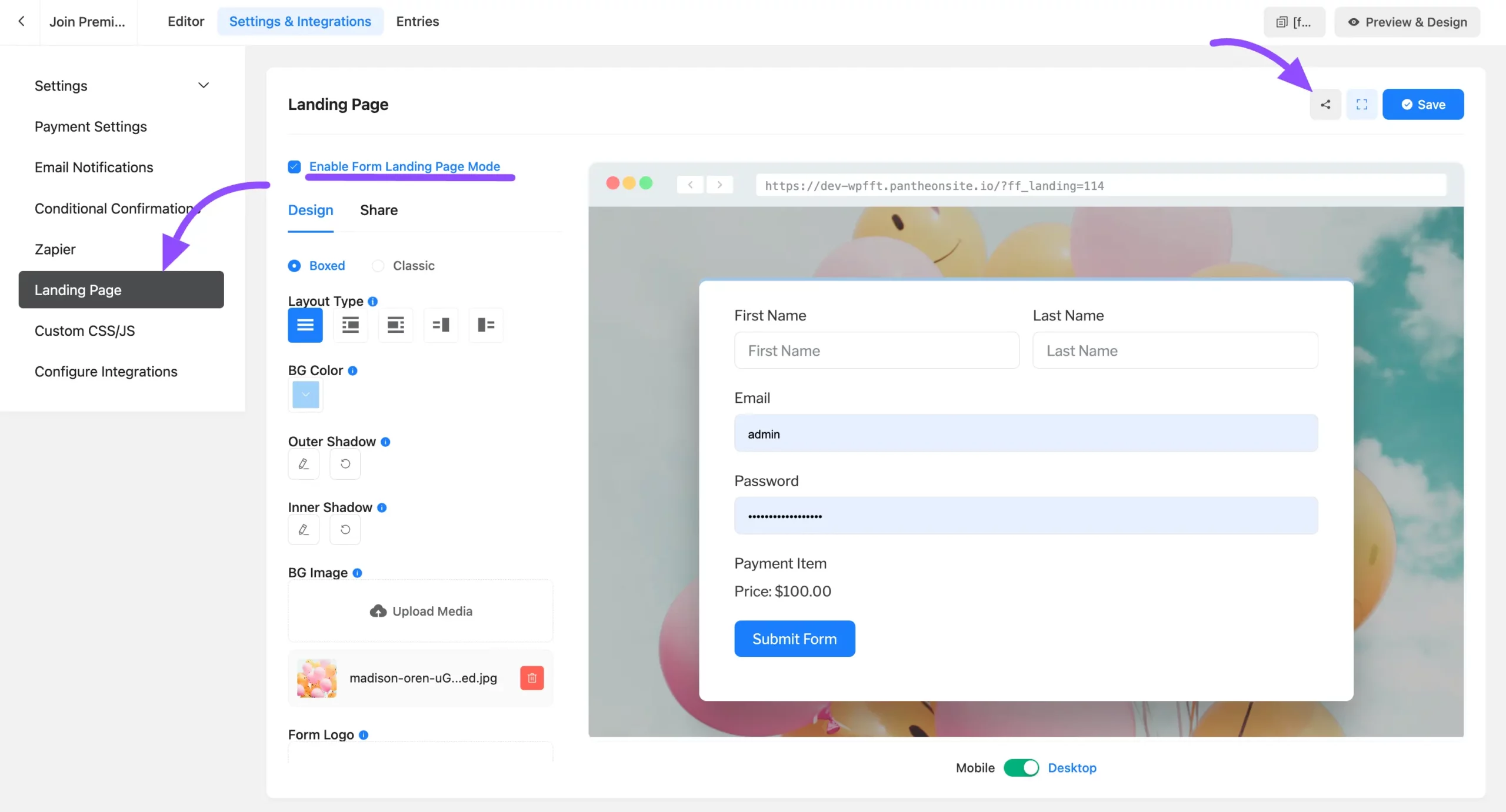 Fluent Forms landing page settings with the URL to share