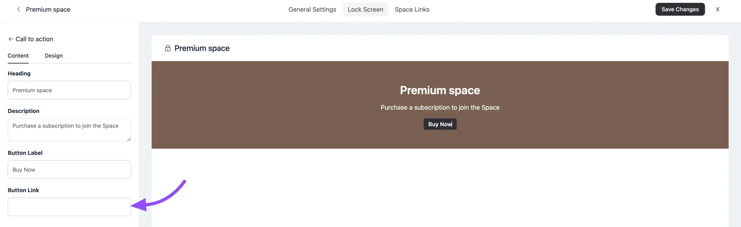 Pasting the payment form URL into the Lock Screen CTA button link field