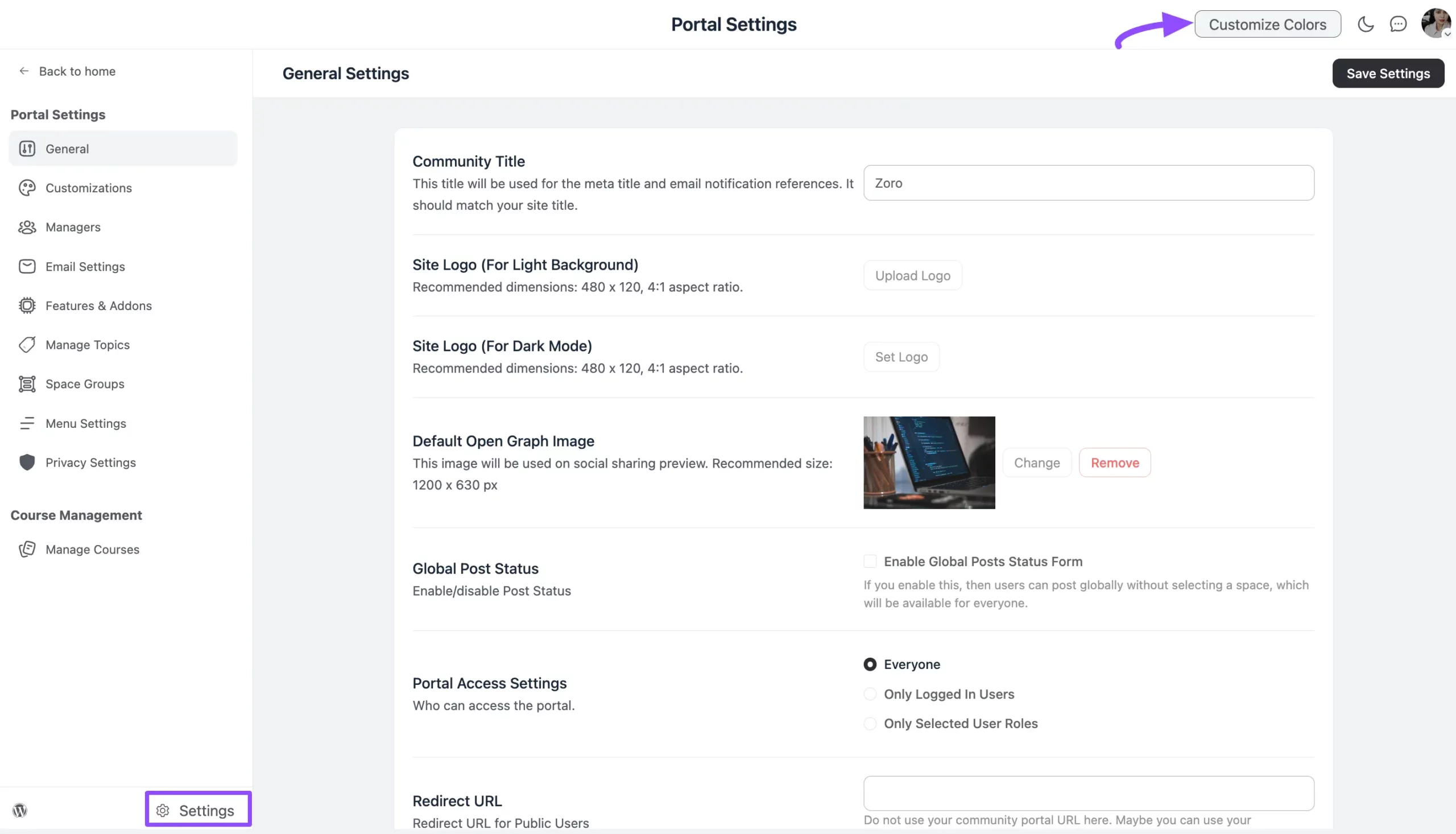 The Customize Colors button in the top-right of the Settings page