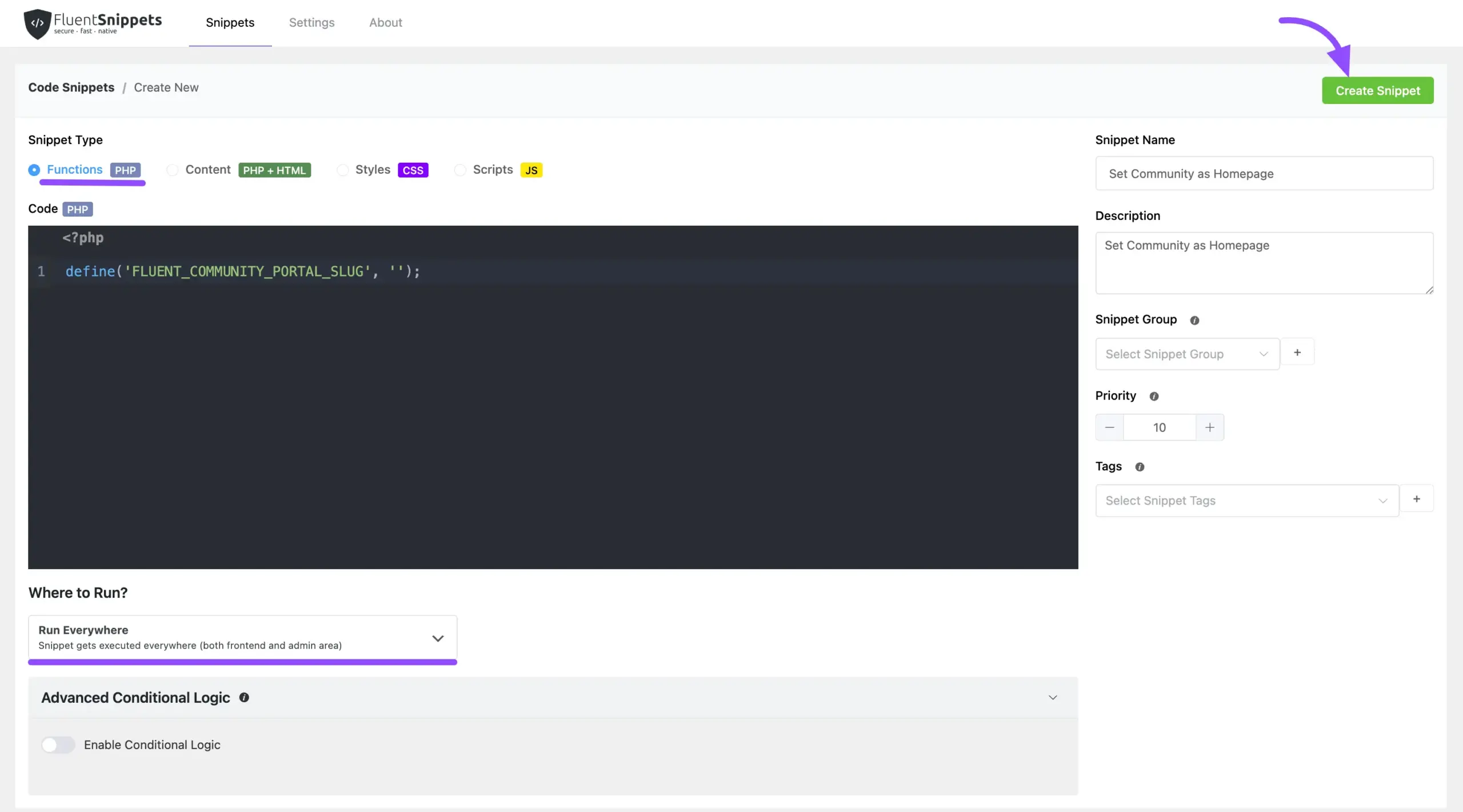 Creating and activating the snippet in FluentSnippets