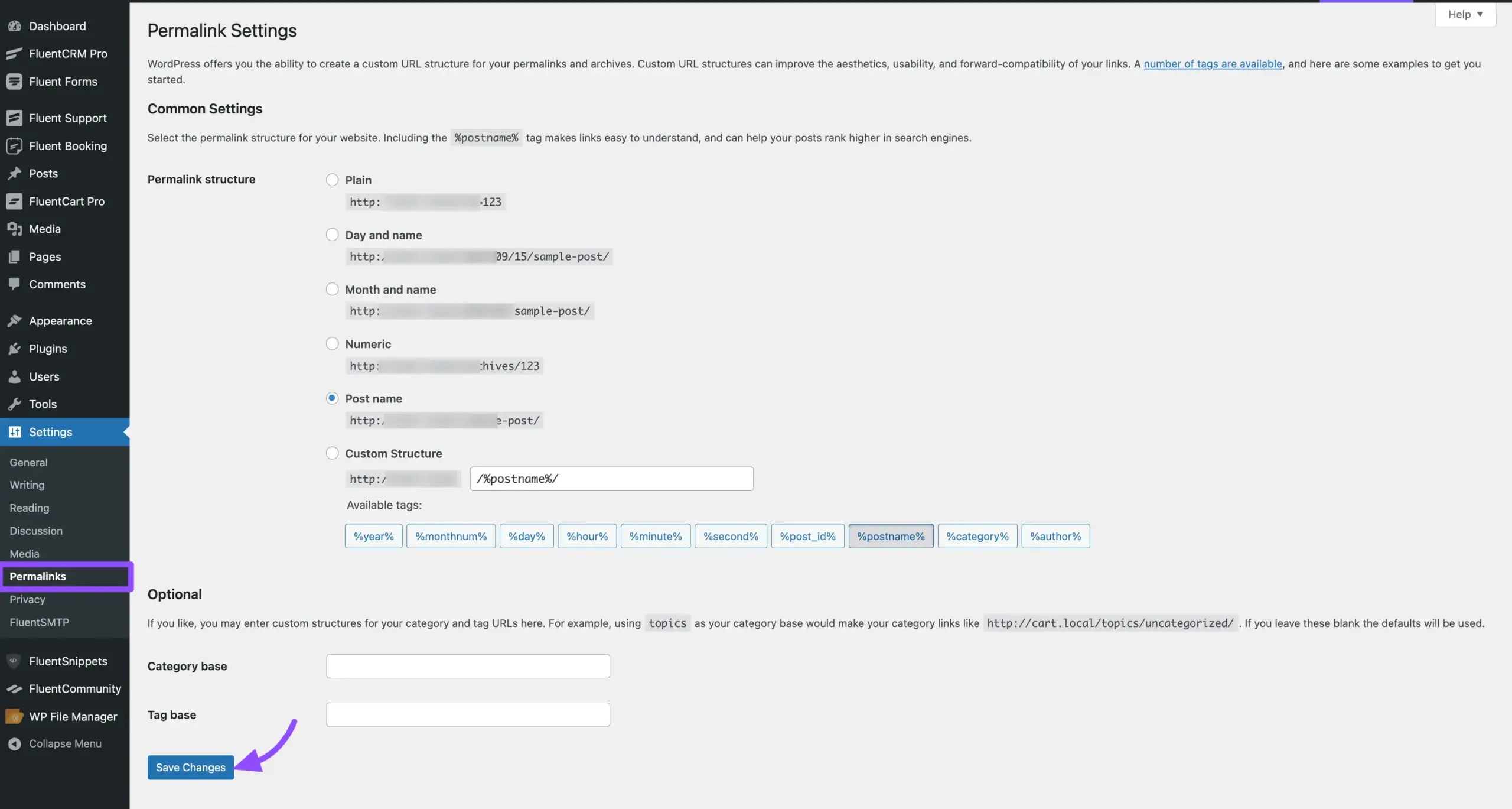The Permalinks settings page