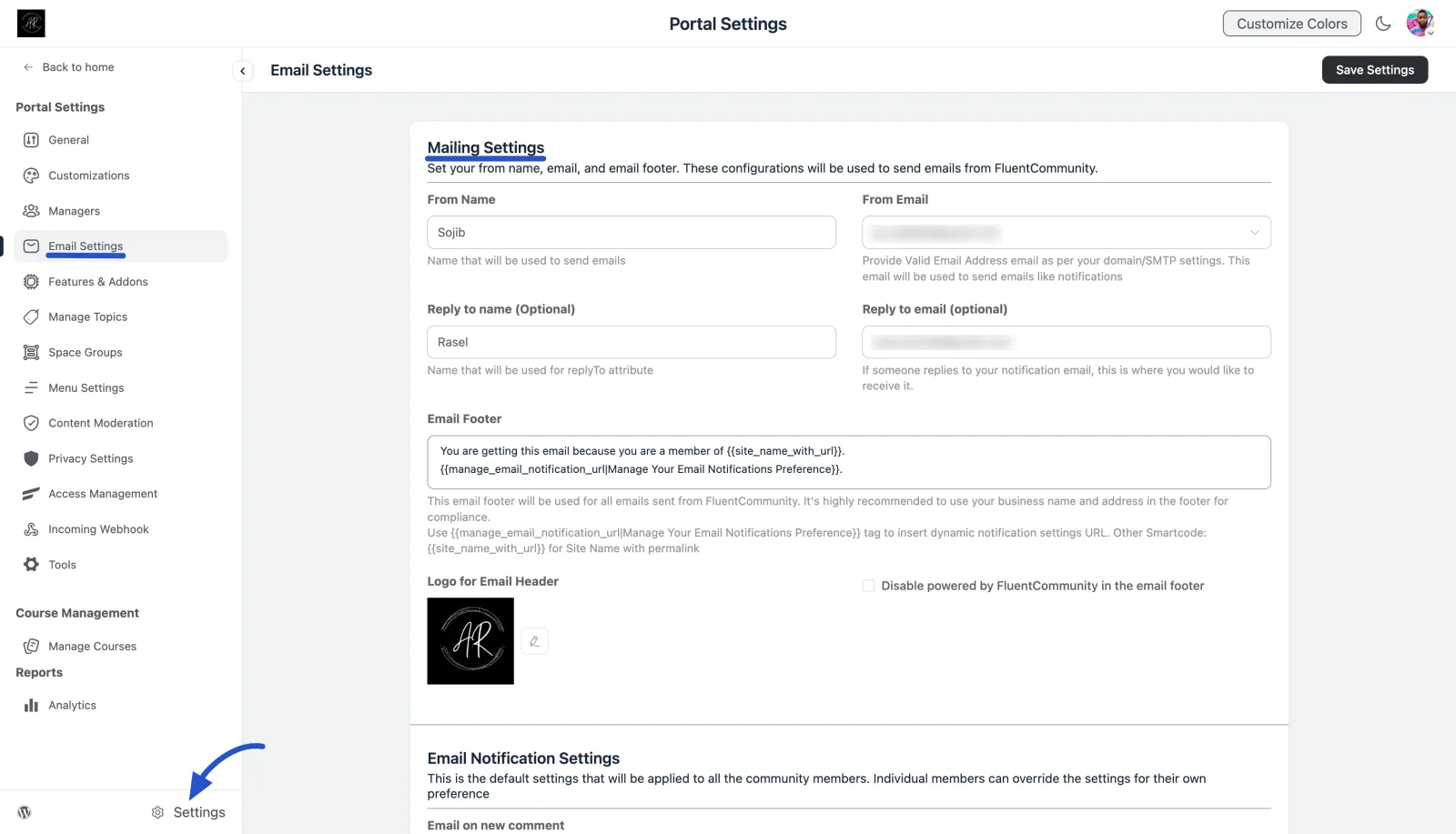 The Mailing Settings section of FluentCommunity Email Settings, with From Name, From Email, reply-to fields, the email footer, and the header logo