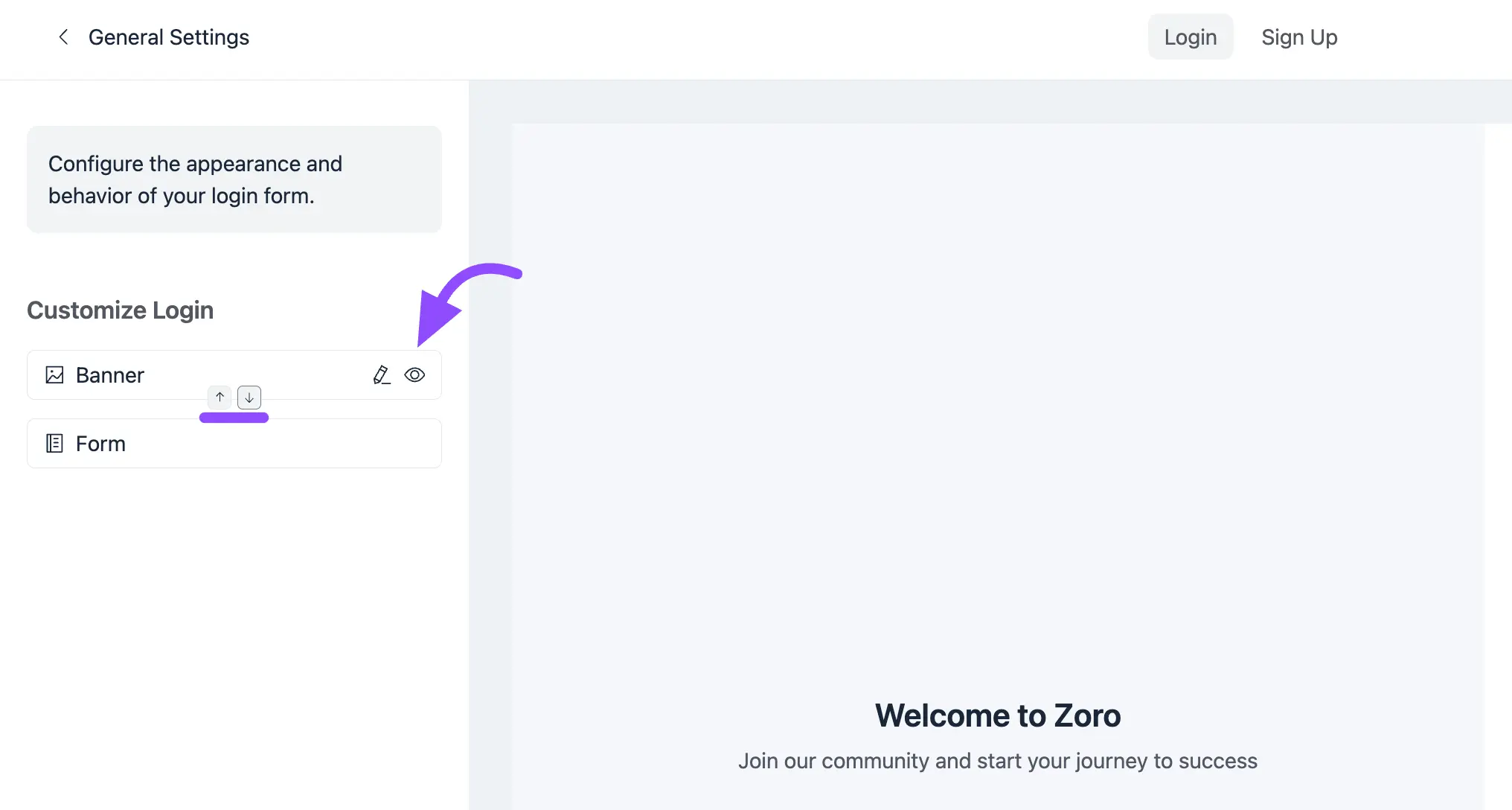 The Banner and Form sections with edit, hide, and reposition controls