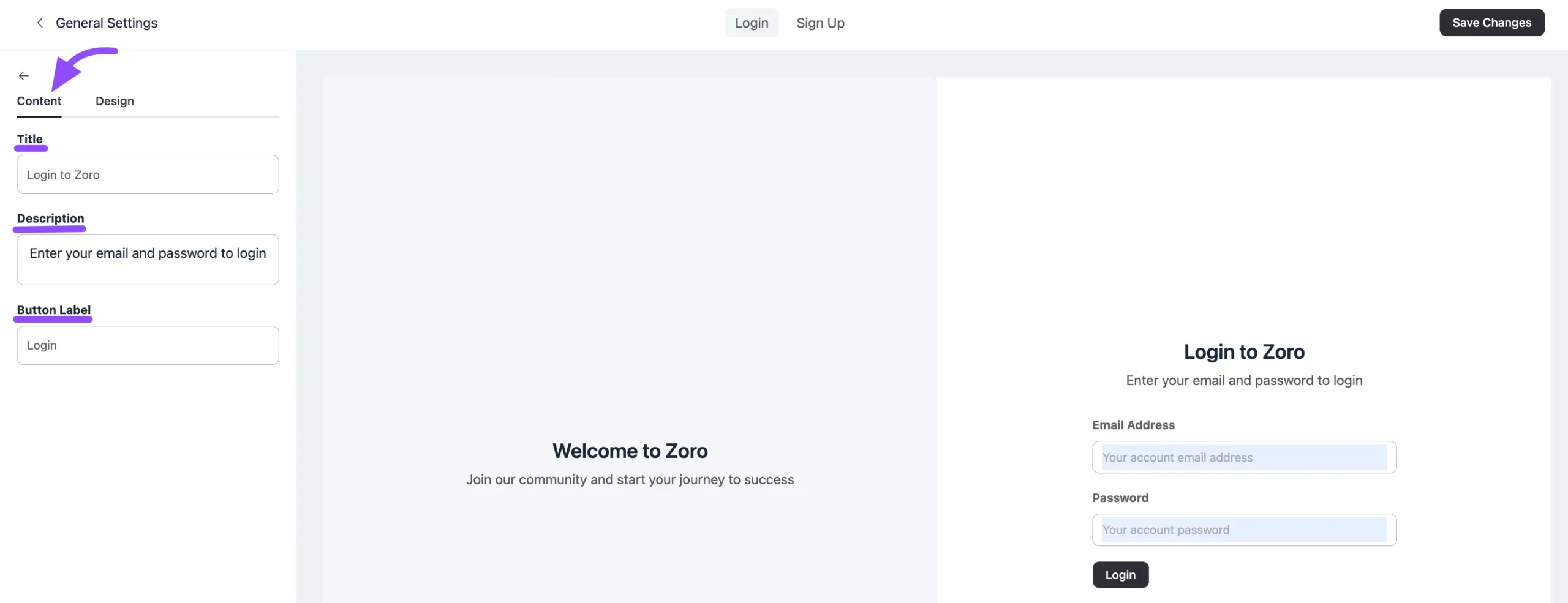 The Login Form Content settings