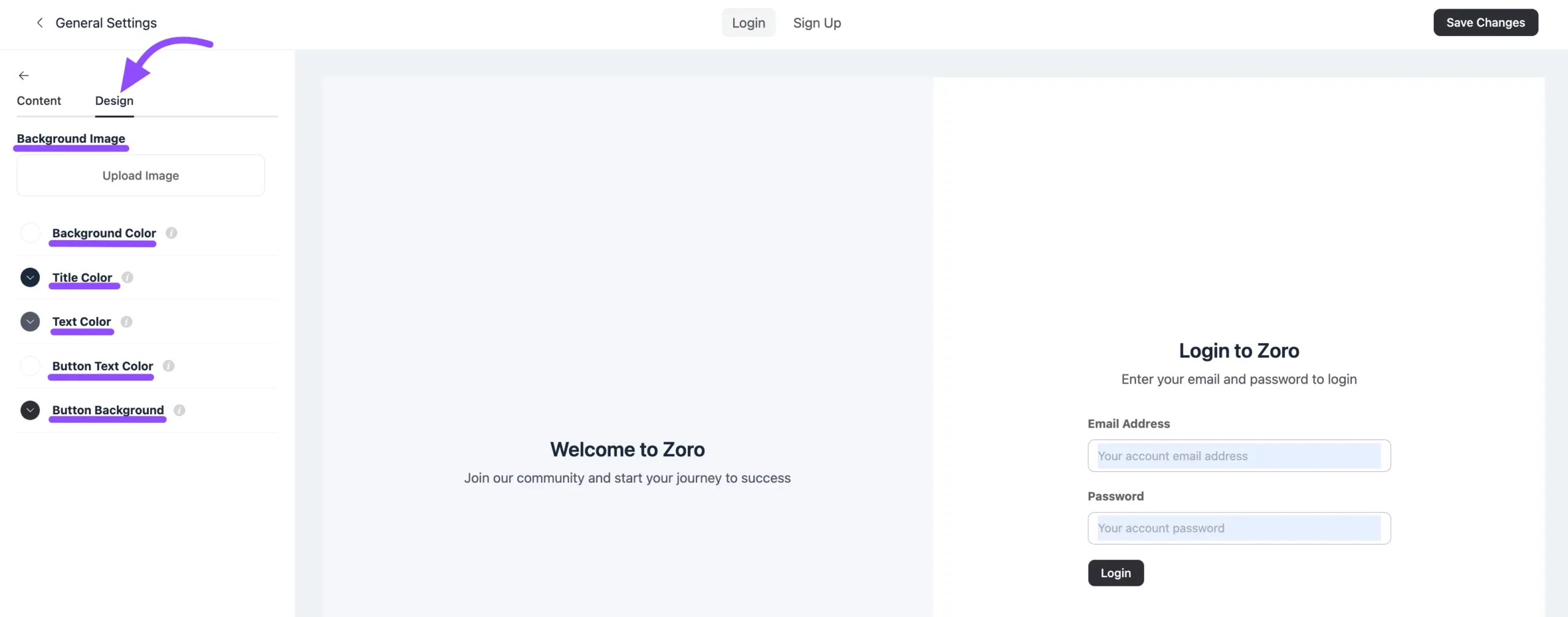 The Login Form Design settings